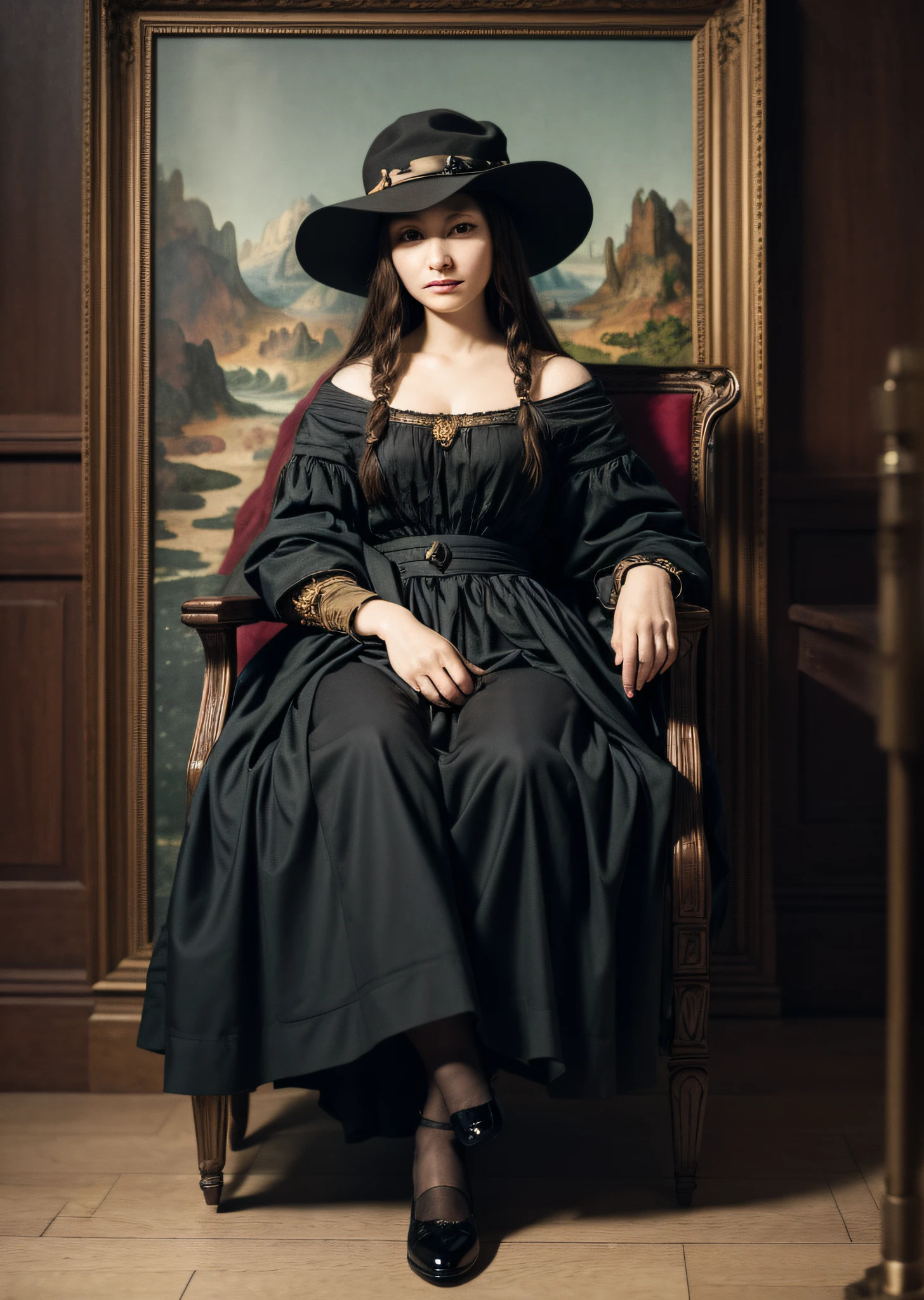 Mona Lisa sitting in wheelchair, standing behind a man in a hat, gentle expression, full body portrait, shoes, catwalk, masterpiece, highest quality, high quality, highly detailed CG unit 8k wallpaper, award winning photo, bokeh, depth of field, HDR, flood, chromatic aberration, realistic, very detailed, art station trend, CGsociety trend, complex, high detail, dramatic, midway art, volumetric lighting