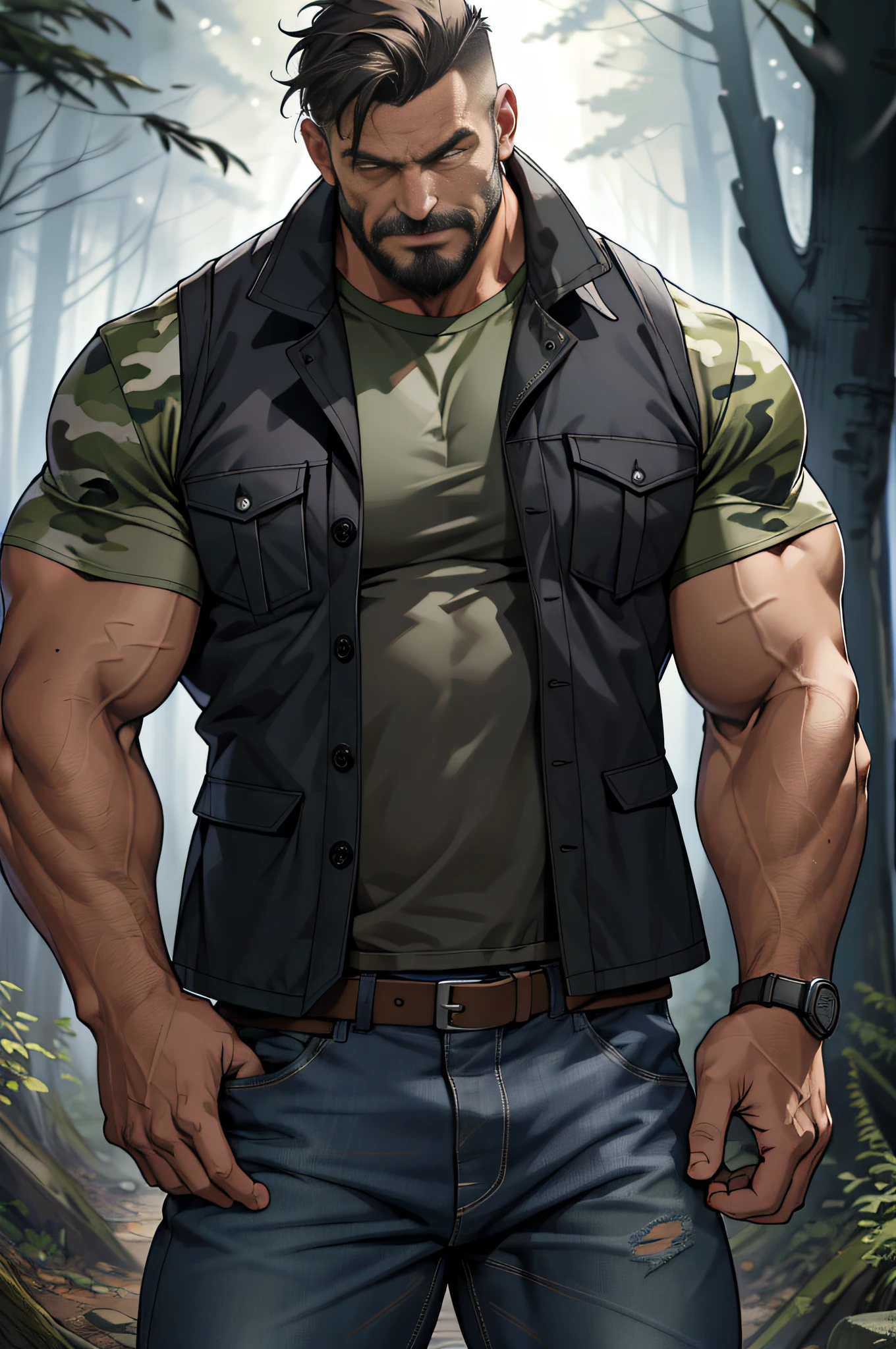 Mature man, best quality, denim, camouflage coat, dark gray vest (hole), bad, masterpiece, super high resolution, detailed background, reality, illustration, single, 1 boy, muscle man, beard, country, woods, muscles, facial hair, volumetric lighting, depth of field, wheezing, raised crotch, handsome action, big dynamics