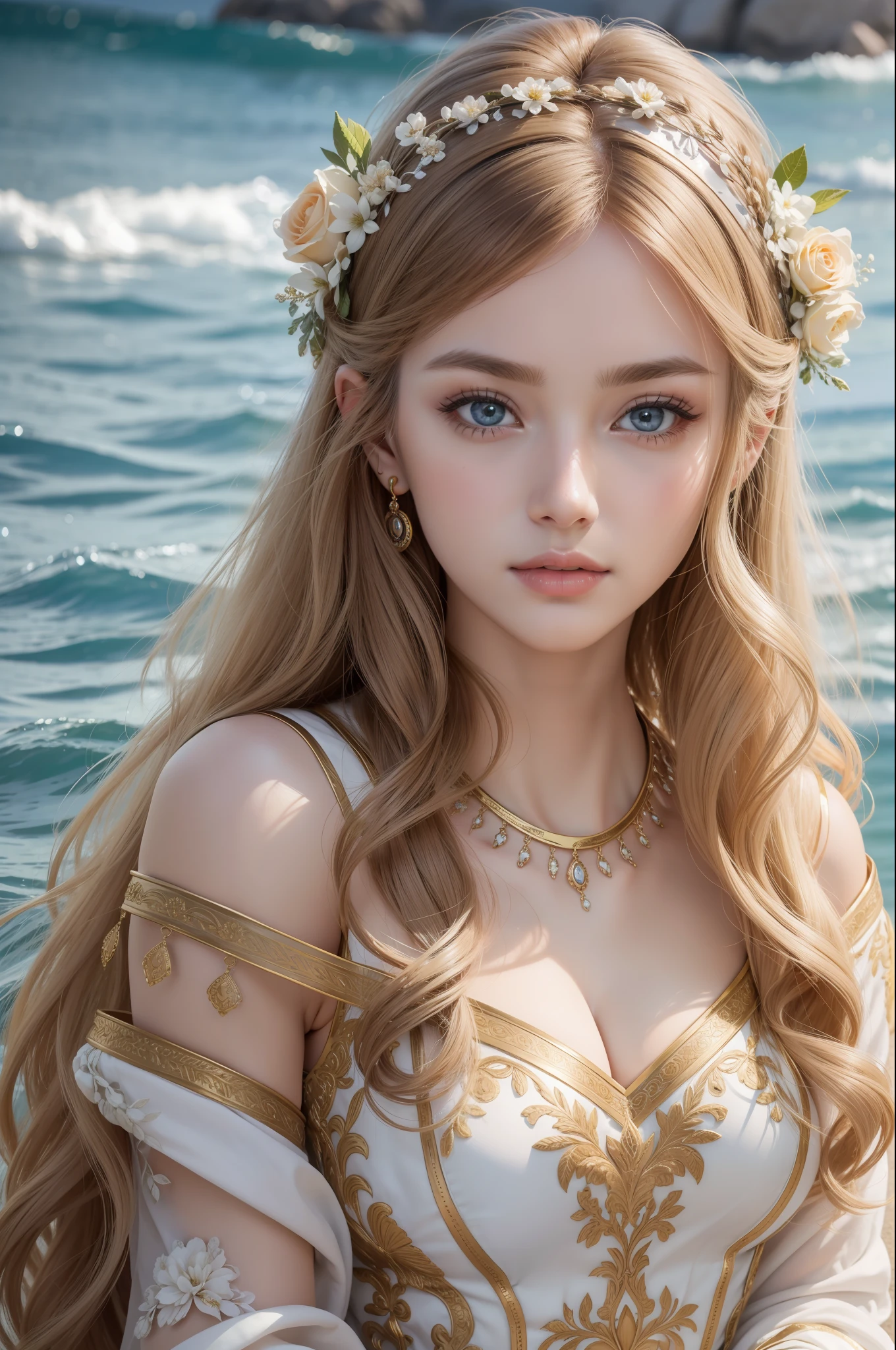 Absurd, ultra-detailed, high quality, masterpiece, detailed face, beautiful eyes(detailed eyes), Greek mythology ,Hestia, goddess of the hearth, gentle, graceful, and timeless, eyes were warm and comforting, wearing a simple, modest attire, beauty was not overtly extravagant or flamboyant, golden hair color , falls in gentle waves, hair is adorned with simple floral accents