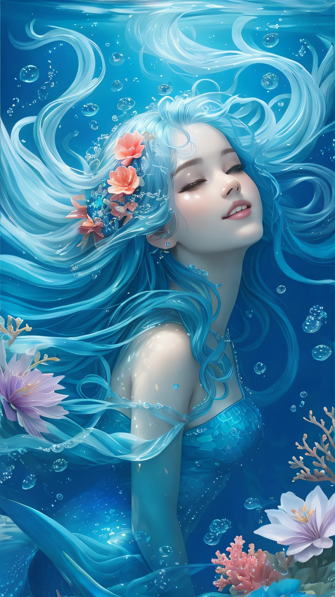 mermaid with blue hair and flowers floating in the water, beautiful mermaid, beautiful digital illustration, a beautiful artwork illustration, beautiful digital artwork, beautiful gorgeous digital art, beautiful digital art, asian female water elemental, gorgeous digital art, very beautiful digital art, closeup fantasy with water magic, beautiful fantasy art, beautiful digital painting, exquisite digital illustration, gorgeous digital painting