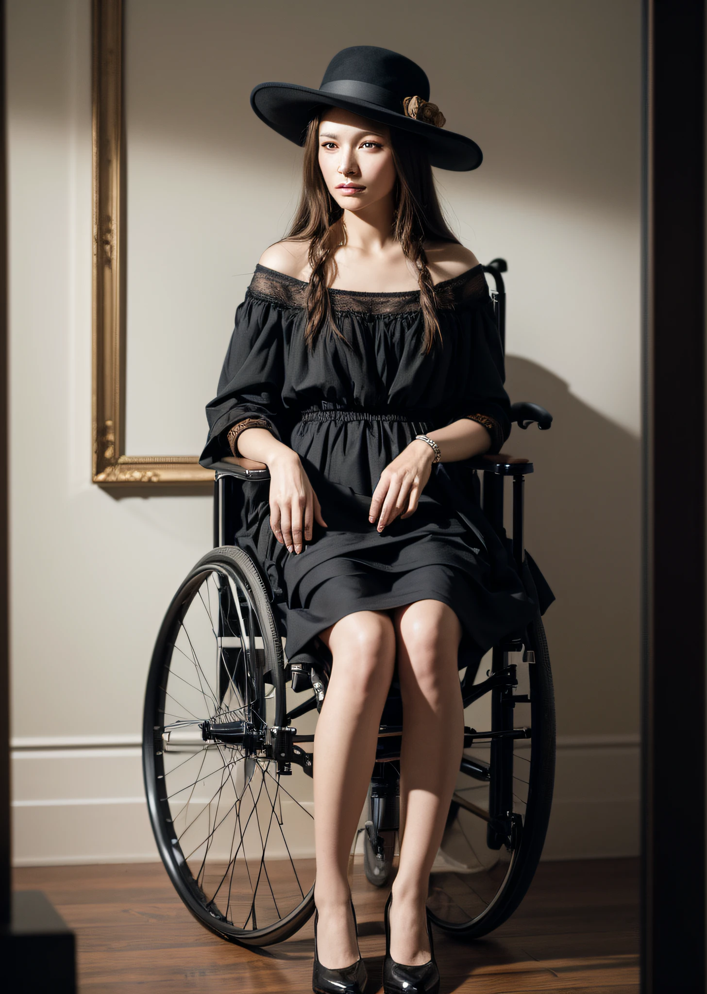 Mona Lisa sitting in wheelchair, standing behind a man in a hat, gentle expression, full body portrait, shoes, catwalk, masterpiece, highest quality, high quality, highly detailed CG unit 8k wallpaper, award winning photo, bokeh, depth of field, HDR, flood, chromatic aberration, realistic, very detailed, art station trend, CGsociety trend, complex, high detail, dramatic, midway art, volumetric lighting