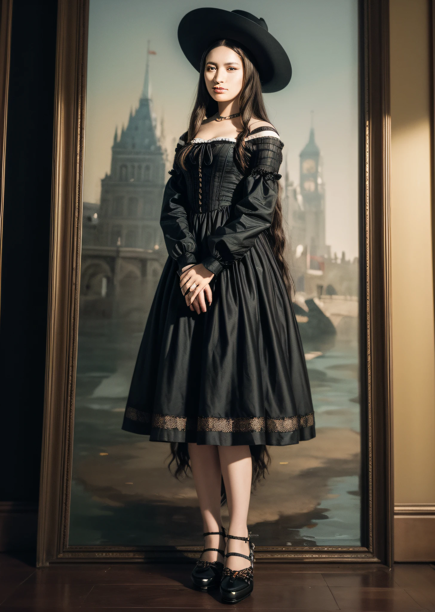 Mona Lisa in wheelchair, behind her stands a man in a hat, gentle expression, full body portrait, shoes, catwalk, masterpiece, highest quality, high quality, highly detailed CG unit 8k wallpaper, award winning photo, bokeh, depth of field, HDR, flood, chromatic aberration, realistic, very detailed, art station trend, CGsociety trend, complex, high detail, dramatic, midway art, volumetric lighting