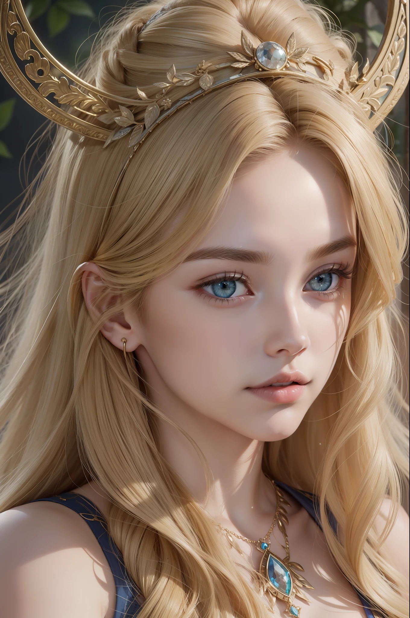 Absurd, ultra-detailed, high quality, masterpiece, detailed face, beautiful eyes(detailed eyes), Greek mythology , Artemis, goddess of hunt, captivating and ethereal beauty, a lithe and athletic figure, delicate yet striking, wildness and independence shining, blonde hair color , hair was depicted as flowing and untamed, cascading around her shoulders in waves, radiant or shining, complexion was fair and glowing, reminiscent of the moonlight , wearing a short hunting tunic,