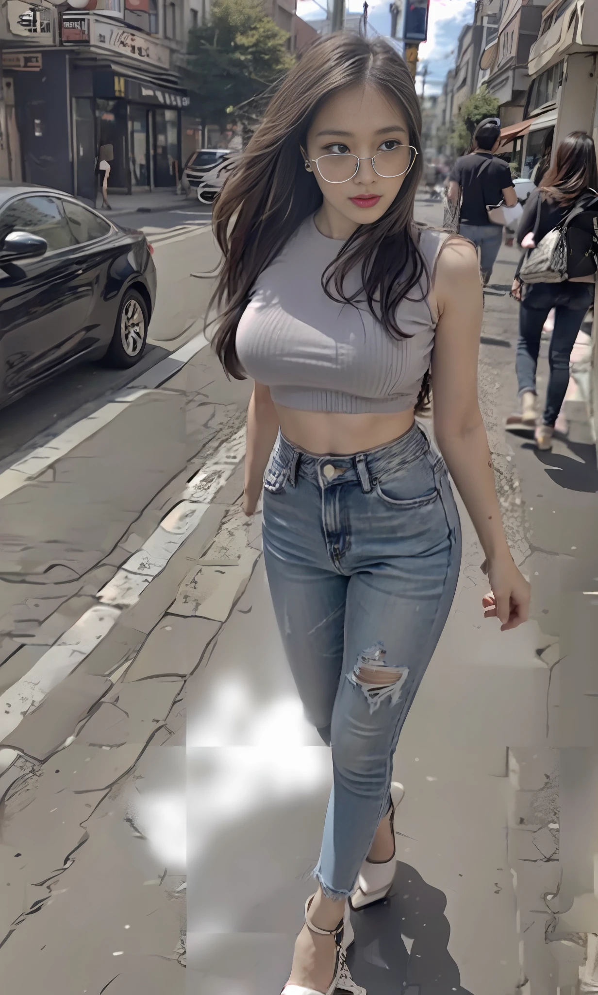 Araf woman walking down the street in blue-gray top and jeans, Korean female fashion model, photo of slim girl model, wearing tight simple clothes, thin waist and thick buttocks, gorgeous young Korean woman, wearing sexy cropped top, wearing crop top, Korean girl, casual clothing style, 2 4 year old female model, beautiful Korean woman, HD, 8k, realistic, goose egg face, realistic perfect face and skin, detailed beautiful glasses, double eyelids, long eyelashes, realistic pupils, facial light, Brand open crop top (blue-gray, realistically detailed clothing texture: 0.8, perfect breasts and bulge), brand skinny jeans (realistically detailed jeans stripes and texture: 0.8, realistically detailed jeans graininess: 0.8) perfect boobs, perfect breasts, perfect waist, perfect hips, sitting on a streetside long wooden chair looking at mobile phone: 1.5, white and tender toes: 1.2, wearing high-grade crystal sandals (stiletto heels: 0.5), wide-angle lens, shooting full body: 1.5