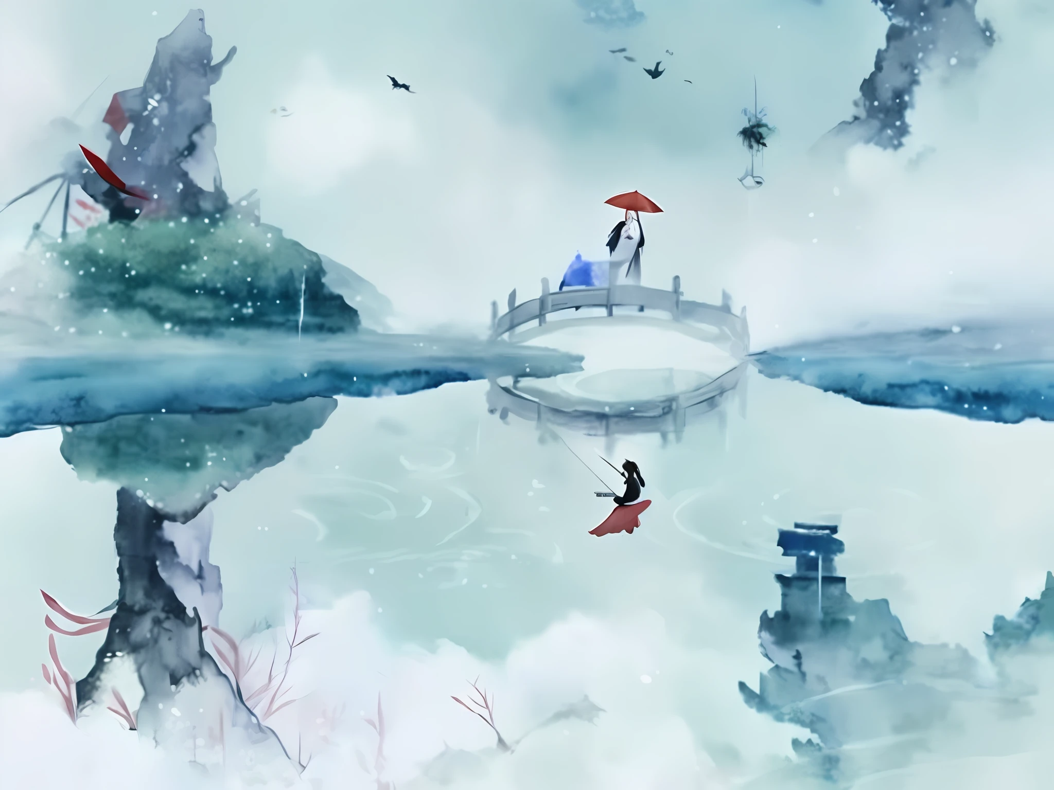 there is a painting of a man standing on a mountain with a red umbrella, by Qu Leilei, by Ye Xin, chinese watercolor style, painting of a dreamscape, chinese surrealism, by Li Zai, by Cheng Jiasui, by Li Song, by Mei Qing, dreamy illustration, fantasy water color, chinese style painting