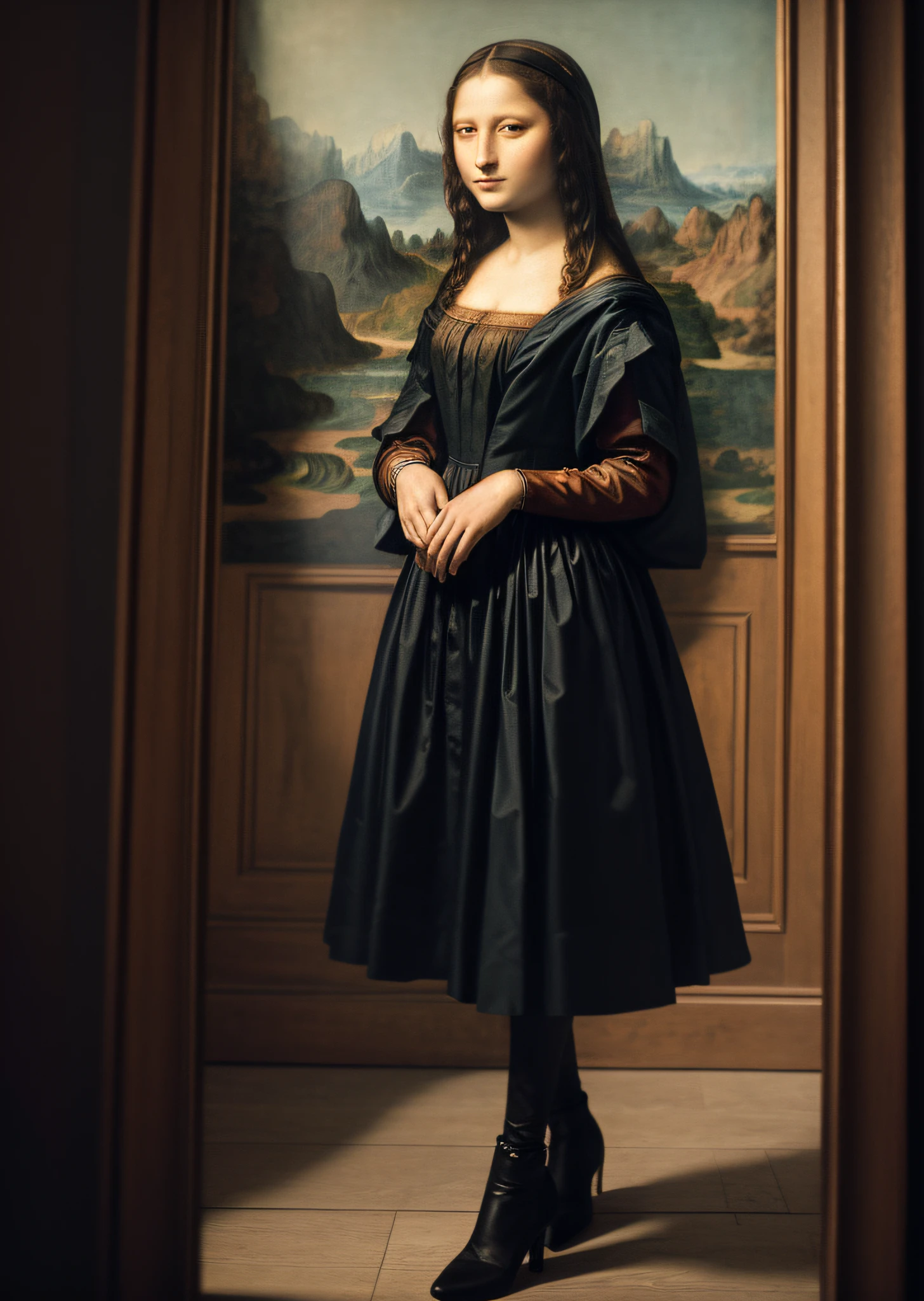 Mona Lisa with her husband for photo, gentle expression, full body portrait, shoes, catwalk, masterpiece, highest quality, high quality, highly detailed CG unit 8k wallpaper, award winning photo, bokeh, depth of field, HDR, flood, chromatic aberration, realistic, very detailed, art station trend, CGsociety trend, complex, high detail, dramatic, midway art, volumetric lighting