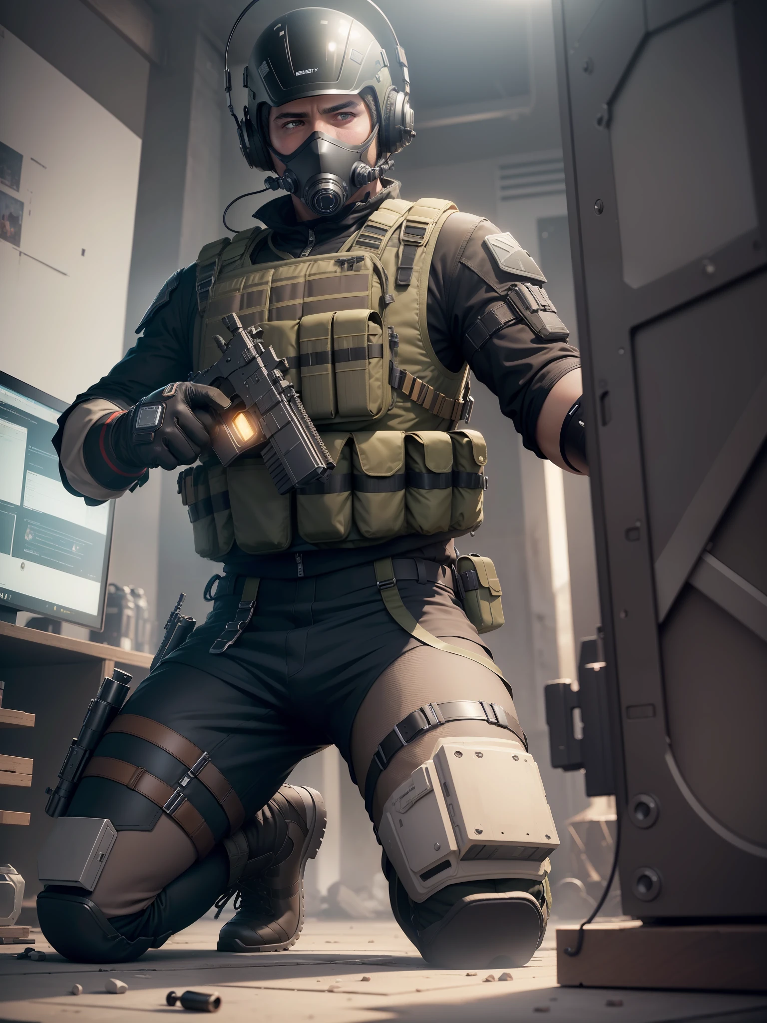 ((high quality)), ((masterpiece)), 8k, boy, bulletproof vest, light, extremely detailed CG unity 8k wallpaper, game cg, looking at the audience, gloves, boots, full body, watch, computer, mask, drone, handheld weapon, headphones, jacket,