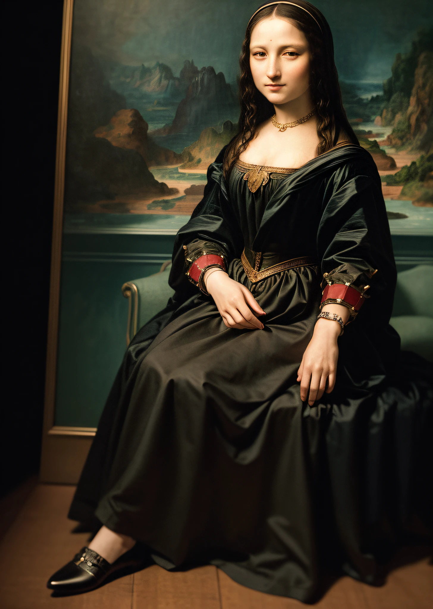 Mona Lisa with her husband for photo, gentle expression, full body portrait, shoes, catwalk, masterpiece, highest quality, high quality, highly detailed CG unit 8k wallpaper, award winning photo, bokeh, depth of field, HDR, flood, chromatic aberration, realistic, very detailed, art station trend, CGsociety trend, complex, high detail, dramatic, midway art, volumetric lighting