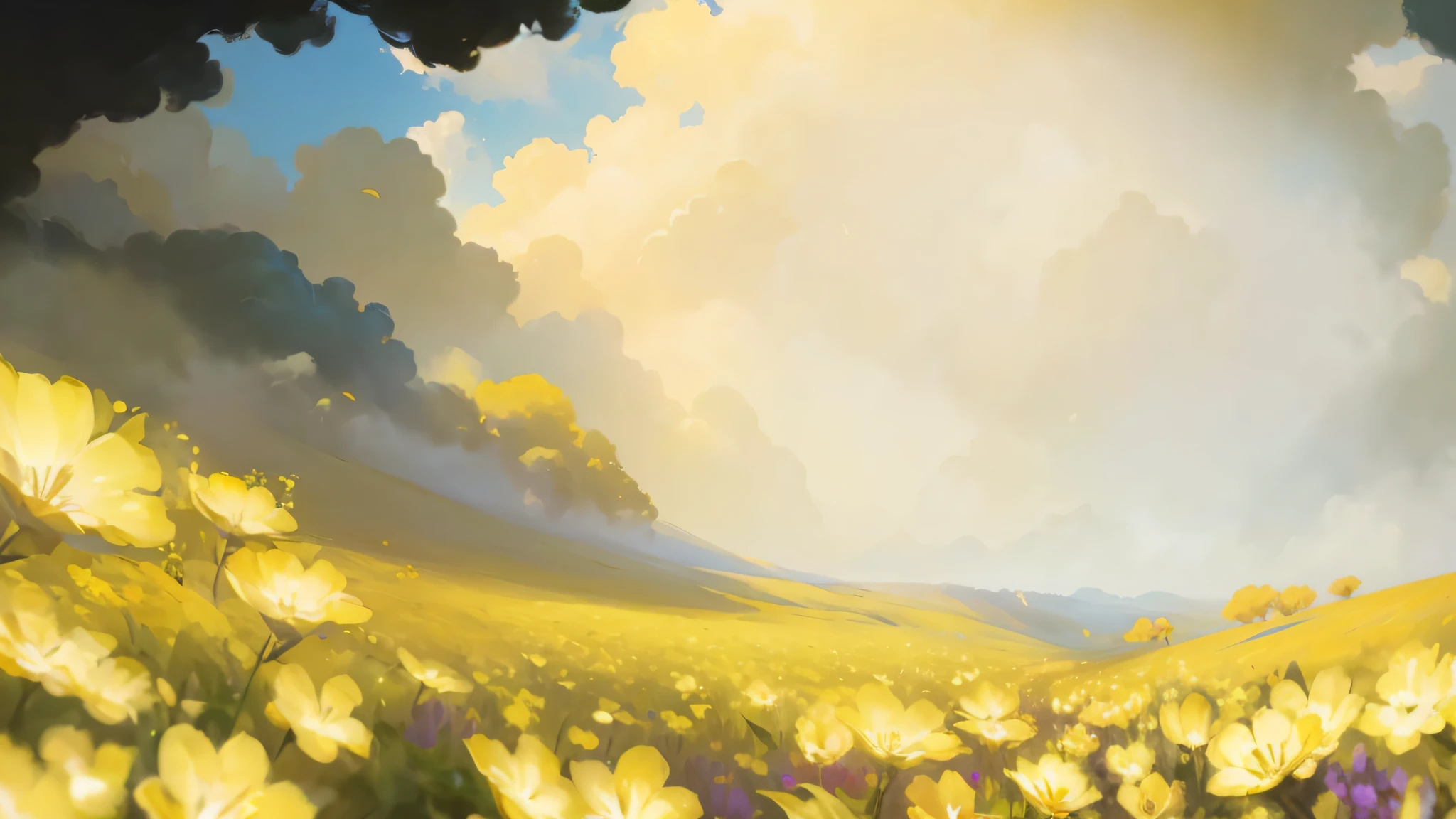 there is a painting of a field of yellow flowers with a sky background, background art, wlop and rhads, background artwork, concept art | rhads, inspired by RHADS, digital painting concept art, rhads!, dreamy landscape, rhads!!!, low detailed. digital painting, painterly concept art, floral environment, concept piece, soft golden light