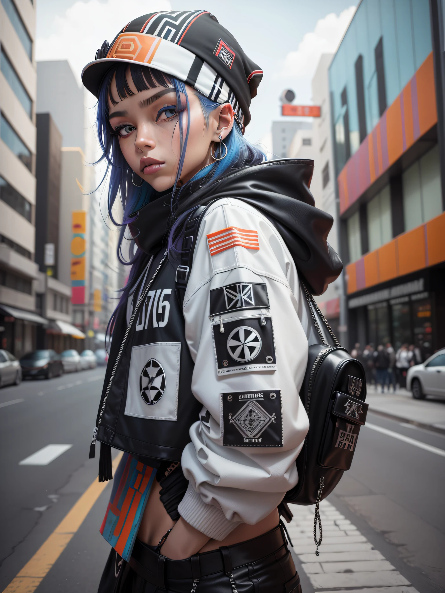 Minimalism, in style of futurism fashion, streetwear thug slavic tom boy, in the style of bandanas + totems, cultural documentation, colorful clothing, jewlery, raw lifestyle photography, multi billionaire-girls-club, flygod, Manti core, flat color palette, 8k, lumen --ar 9:16 --q 2