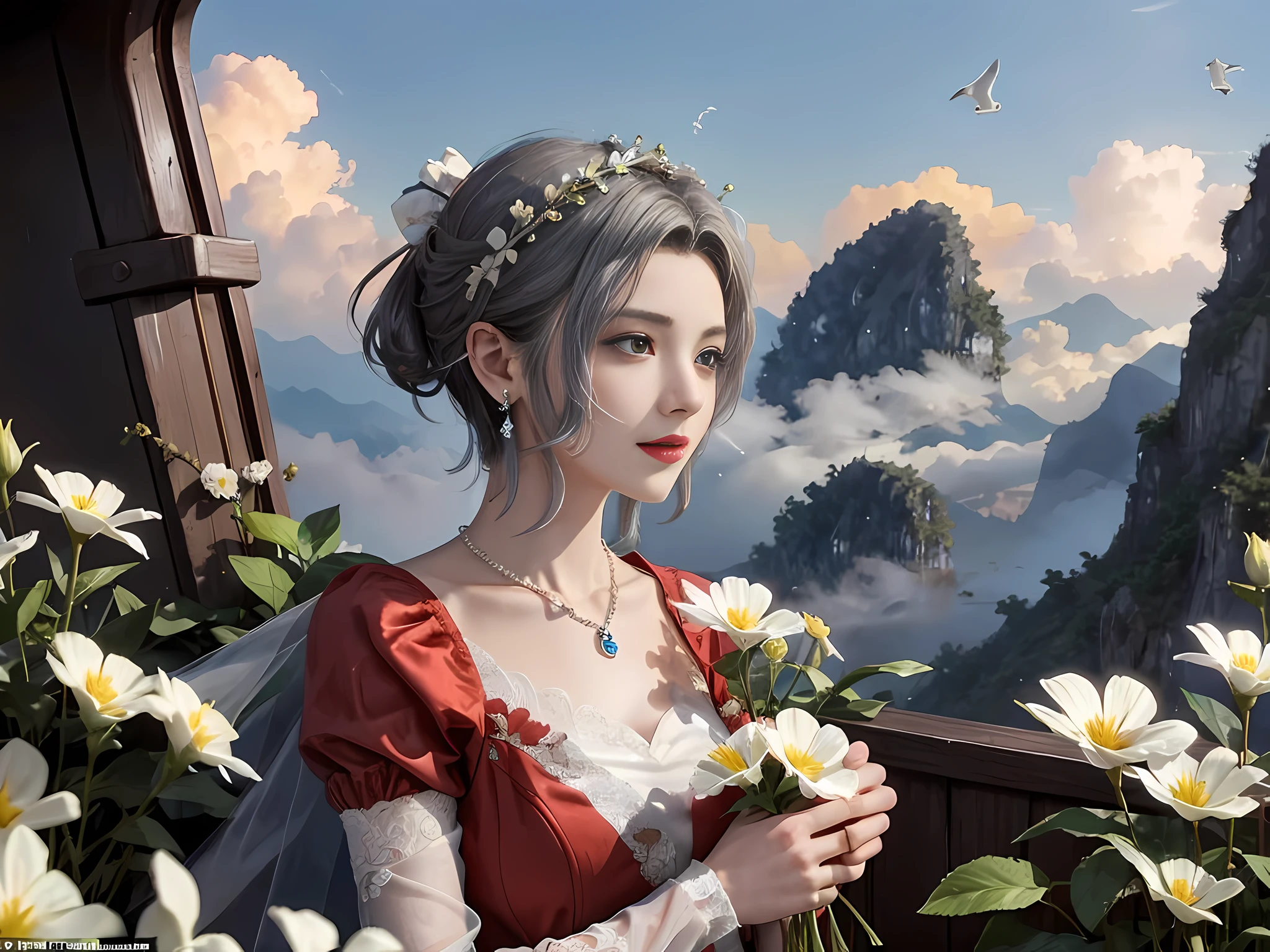 (Looking forward: 1.3), Rackflower, (wearing red wedding dress: 1.4), BREAK 1 girl, (gray hair, short hair), chuckling, break (holding flowers, blue flowers, clouds, sky, fog, Vietnamese mountain view, gardens around Vietnam, birds around Vietnam: 1.3), BREAK night light, drama light, earrings, necklace, bracelet