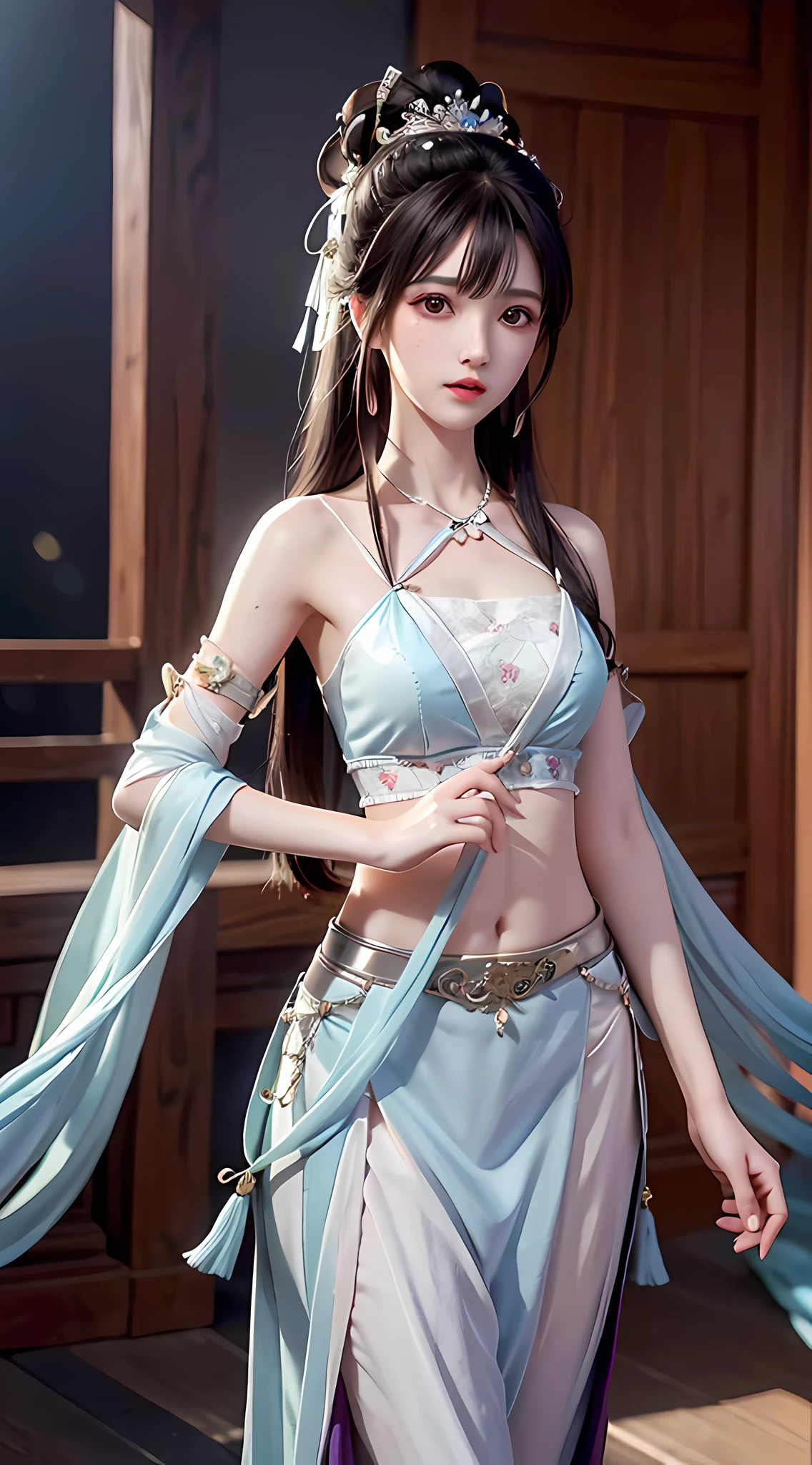 Bust photo, a beautiful woman, messy hair, girly, symmetrical bun, hair accessories, jewelry, delicate face, eye shadow, purple top, crop button, purple long skirt, Dunhuang style, delicate embroidery, silver decoration, silver streamer, white streamer, light blue streamer, delicate skin, soft light effect, delicate and smooth hair, delicate details, eye highlights, fair skin, fine portrayal, extreme details, cinematic quality, thin, slender, broken, hair details, thin bangs, shawl hair, correct body, shadows, air bangs, 8K, super fine, fine cloth texture, soft, supple, smooth texture, Dunhuang style, delicate pattern, correct hand painting, anatomically correct, accurate, night, dark night, lighting, Tyndall effect, ray tracing, HUD,