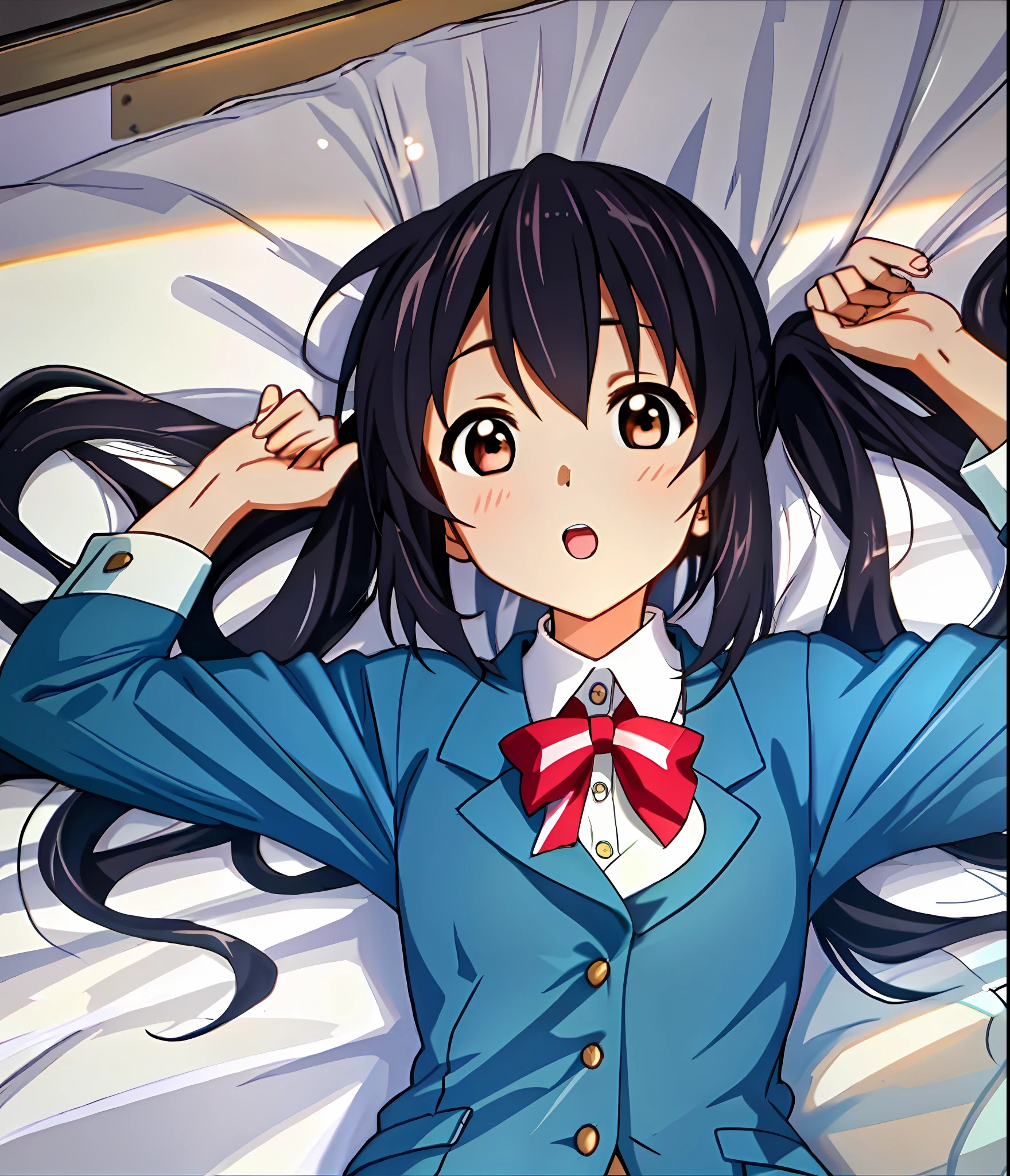 SeaArt Bot Txt2Img 17:20:02 1girl, ((Masterpiece))), Best Quality, Best Quality, High Detail, Azusa Nakano, 1girl, Sakuragaoka High School Uniform, Musical Instrument, School Uniform, Twin Tails, Long Hair, Black Hair, Brown Eyes, Solo, Red, Dark blue blazer with a thin ribbon of red, Solid white button shirt under blazer, Illustration, Cartoon, Soothing tone, Soothing colors, soft cinematic light, Adobe Lightroom, Photolab, HDR, complex and highly detailed, (((depth of field)))). (((Masterpiece))). (((highest quality))).) ((super detail))). (((Illustration))). (((Outside))). (((fighting stance))).,(((Lying down))).dynamic focus.small breasts.. (((Face of sadness))). open mouth.close your eyes.clench your fists.ground.supine.night.bright room.