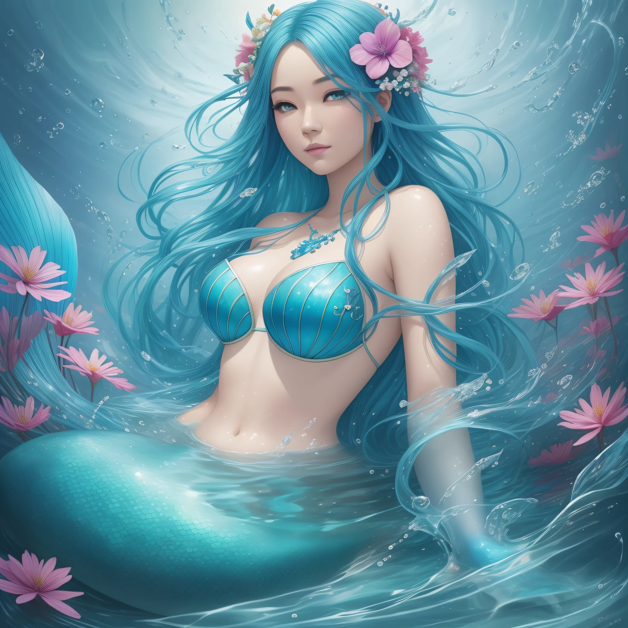 mermaid with blue hair and flowers floating in the water, beautiful mermaid, beautiful digital illustration, a beautiful artwork illustration, beautiful digital artwork, beautiful gorgeous digital art, beautiful digital art, asian female water elemental, gorgeous digital art, very beautiful digital art, closeup fantasy with water magic, beautiful fantasy art, beautiful digital painting, exquisite digital illustration, gorgeous digital painting