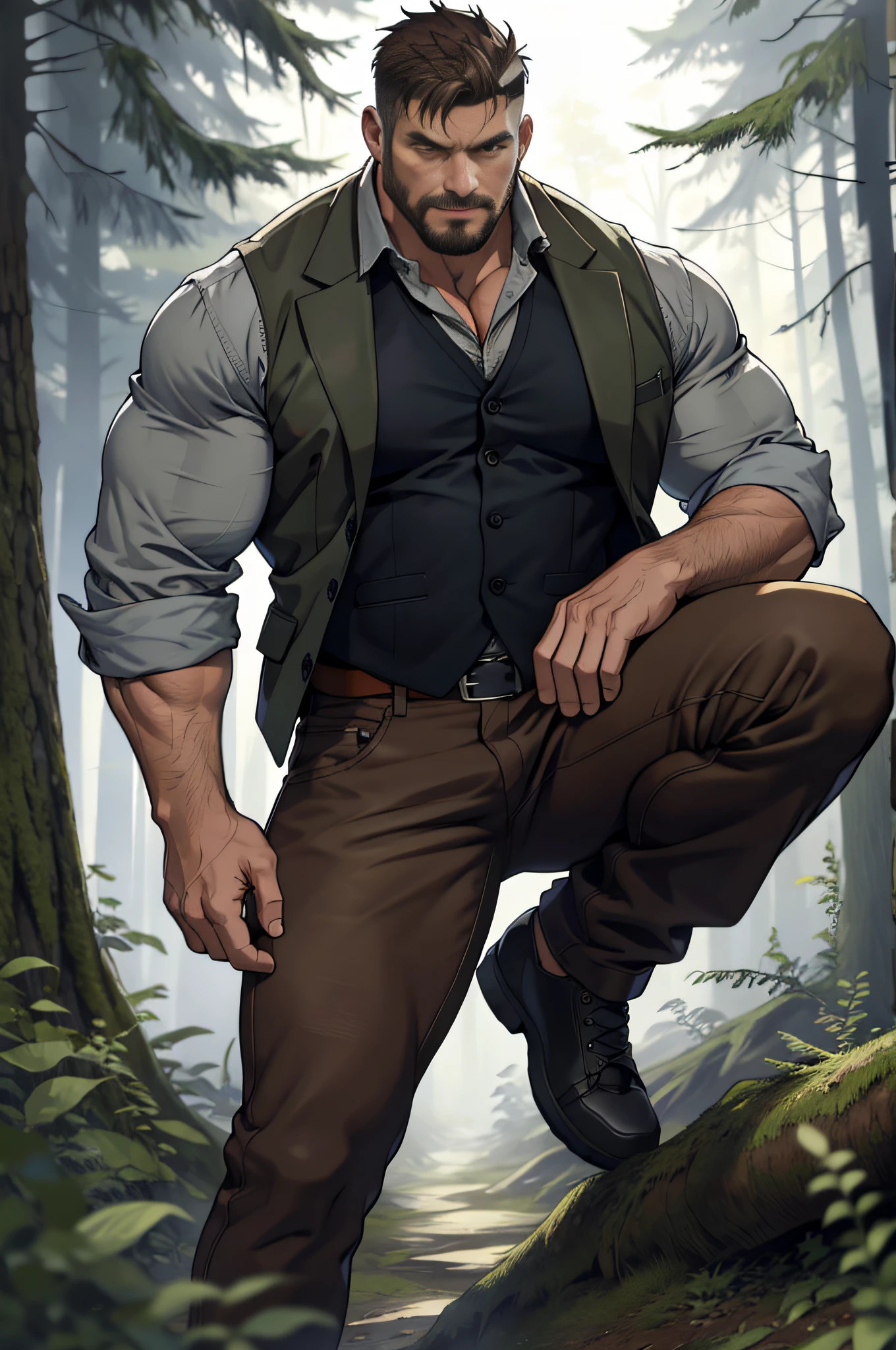 Mature man, best quality, brown jeans, wearing tall riding shoes, one foot on a stump camouflage coat, dark gray vest (holes), bad, masterpiece, super high resolution, detailed background, reality, illustration, single, 1 boy, muscle man, beard, country, woods, muscles, facial hair, volumetric lighting, depth of field, wheezing, raised crotch, handsome movements, big dynamics