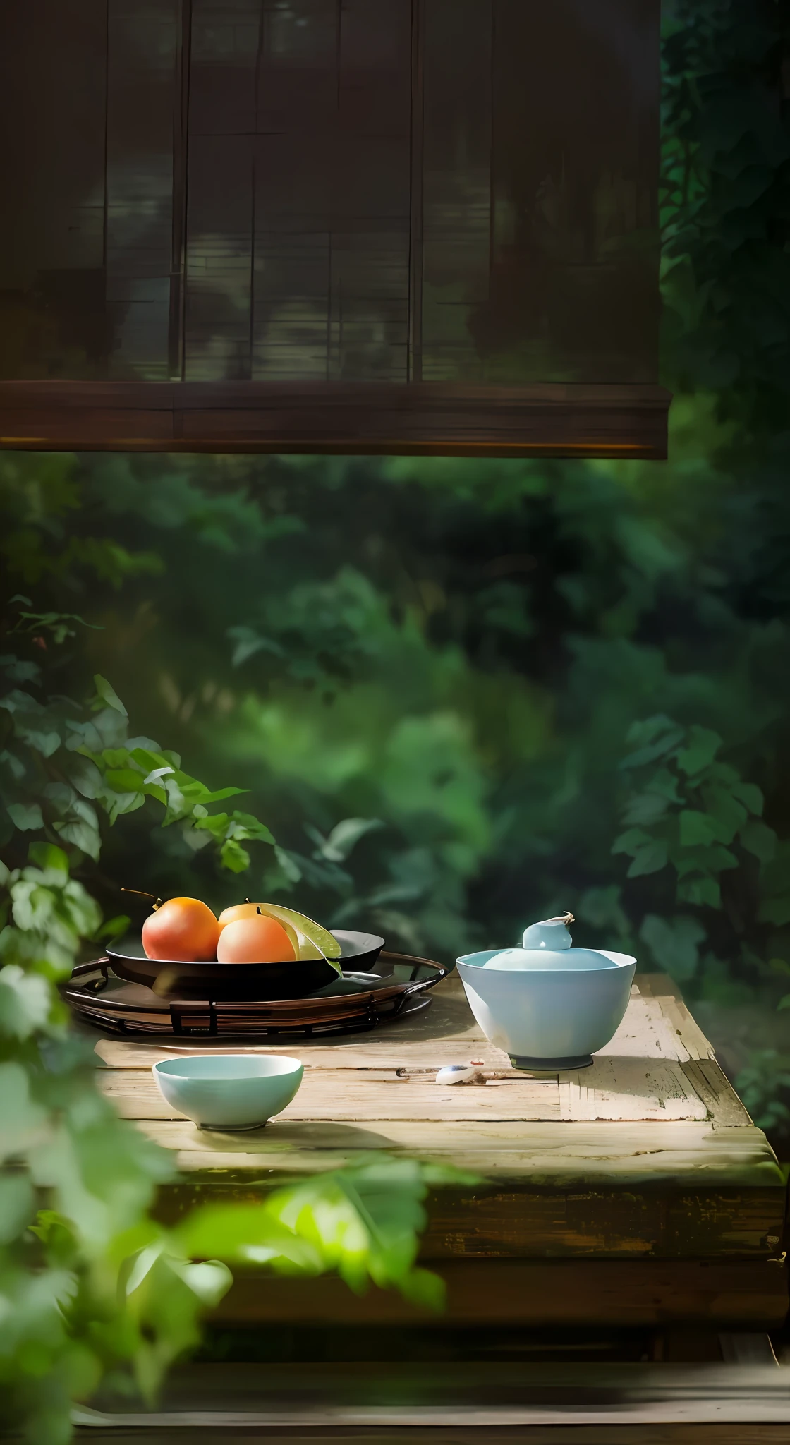 there is a bowl of fruit on a table with a bowl of fruit, by Yao Tingmei, by An Zhengwen, tea ceremony scene, by Ma Yuanyu, by Li Mei-shu, summer morning light, evening light, by Xia Yong, by Wu Zuoren, by Jiang Tingxi, still life photography, by Cheng Zhengkui --auto --s2