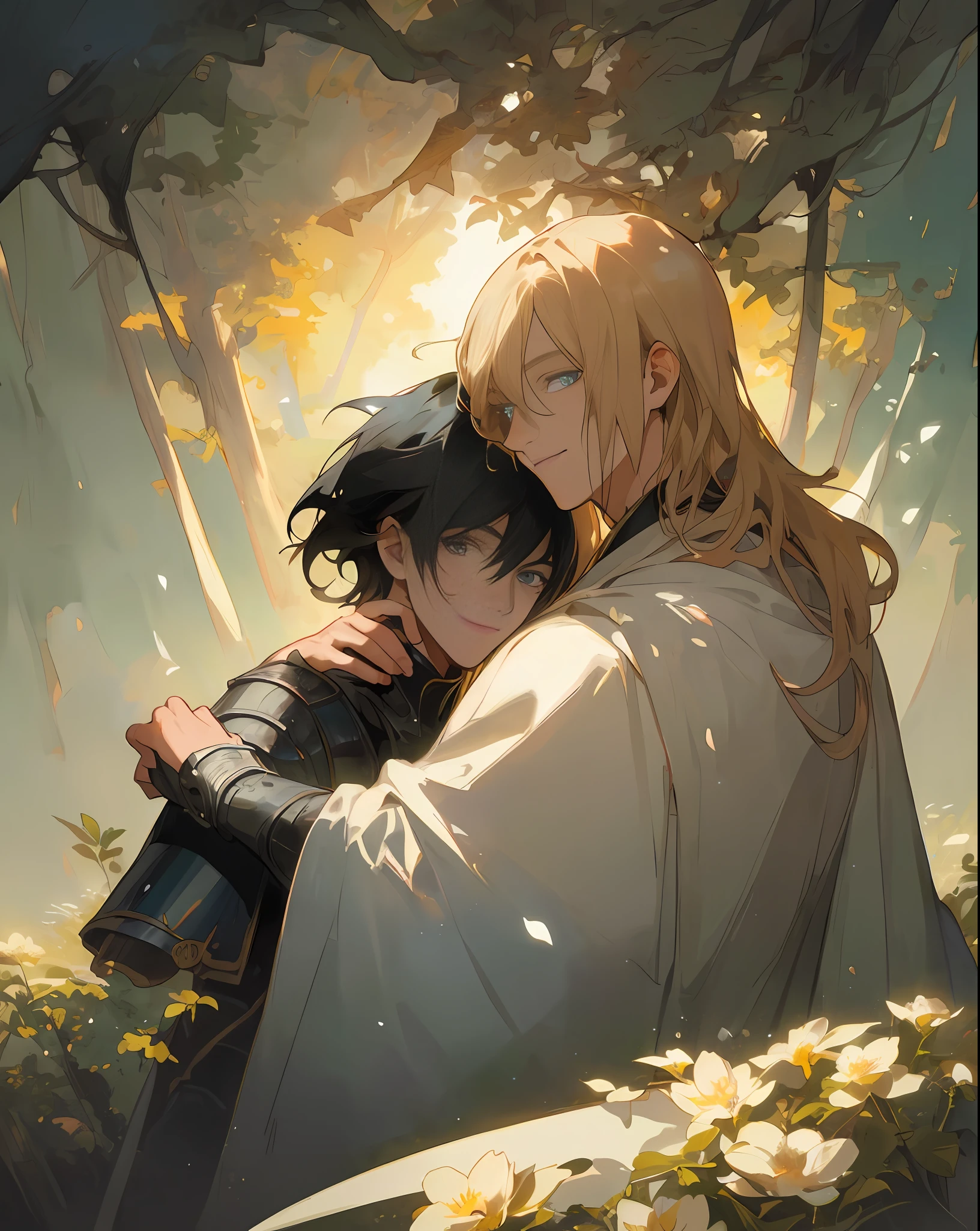 ((top quality, masterpiece)), comic art, concept art, watercolor, (((2 men)), two beautiful men hugging each other, one is a beautiful young man in white robes with blond long hair and blue eyes. The other is a strong black knight in black armor with short hair and black hair with golden eyes (handsome: 1.4), fantasy, forest, blooming flowers, sunlight, fantastic light and shadow, landscape, highly detailed face, portrait, smile, pose, particle, wind, flower, upper body, simple background, looking at viewer, using backlight and rim light