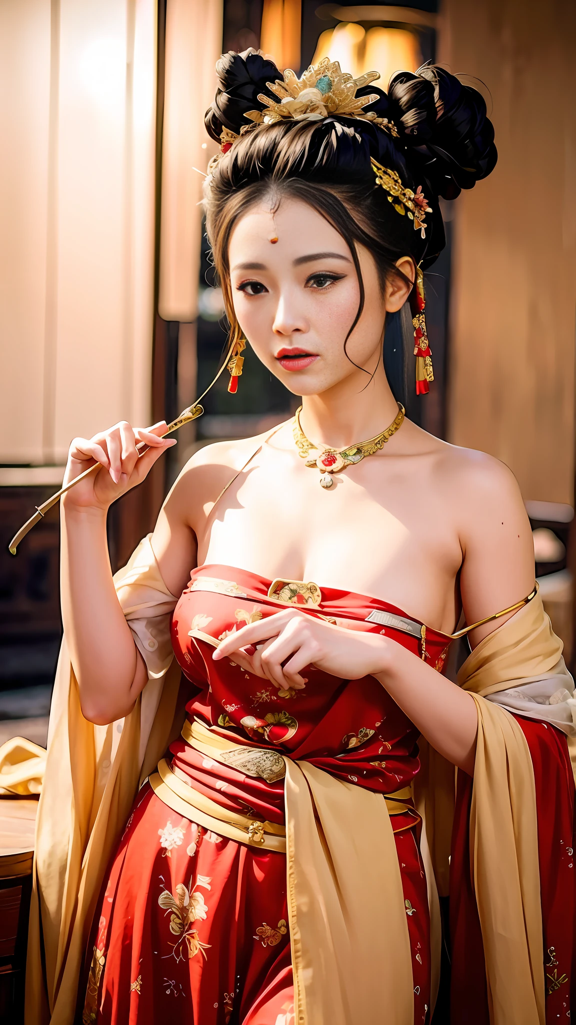 The background is that in the ancient Tang Dynasty, the concubine's hairstyle was all coiled up and combed into a high bun, and then decorated with a few simple and noble hairpins.