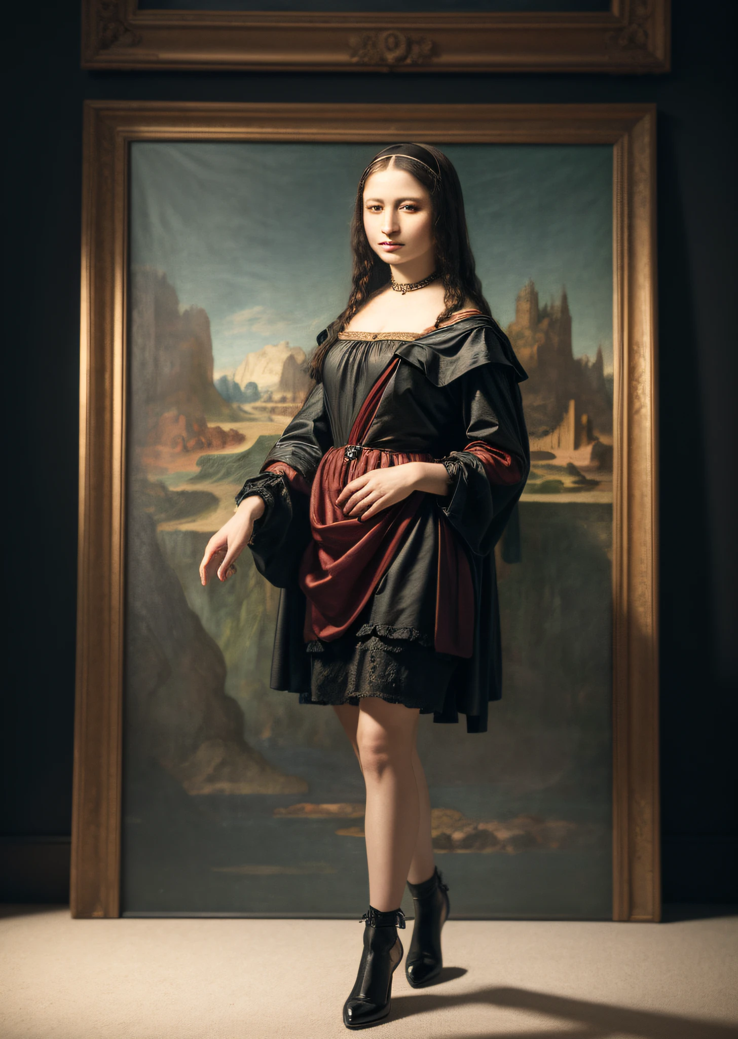 Mona Lisa Dancing, Gentle Expression, Full Body Portrait, Shoes, Catwalk, Masterpiece, Highest Quality, High Quality, Highly Detailed CG Unit 8k Wallpaper, Award Winning Photo, Bokeh, Depth of Field, HDR, Flood, Chromatic Aberration, Realistic, Very Detailed, Art Station Trend, CGsociety Trend, Complex, High Detail, Dramatic, Midway Art, Volumetric Lighting