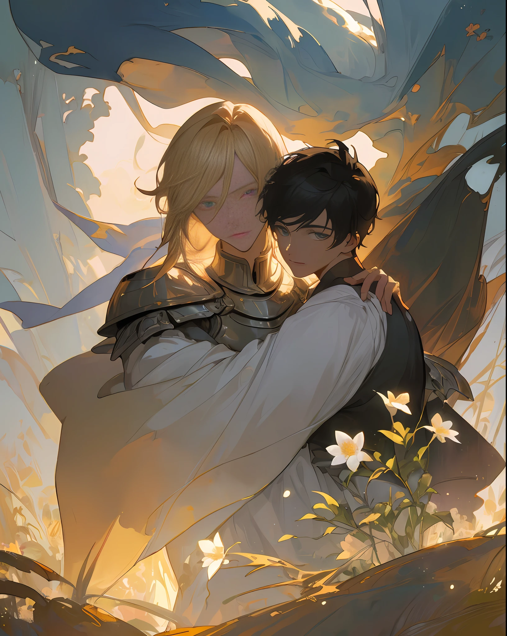 ((top quality, masterpiece)), comic art, concept art, watercolor, (((2 men)), two beautiful men hugging each other, one is a beautiful young man in white with blond long hair and blue eyes. The other is a strong black knight in black armor with short hair and black hair with golden eyes (handsome: 1.4), fantasy, forest, blooming flowers, sunlight, fantastic light and shadow, landscape, highly detailed face, portrait, smile, pose, particle, wind, flower, upper body, simple background, looking at viewer, using backlight and rim light