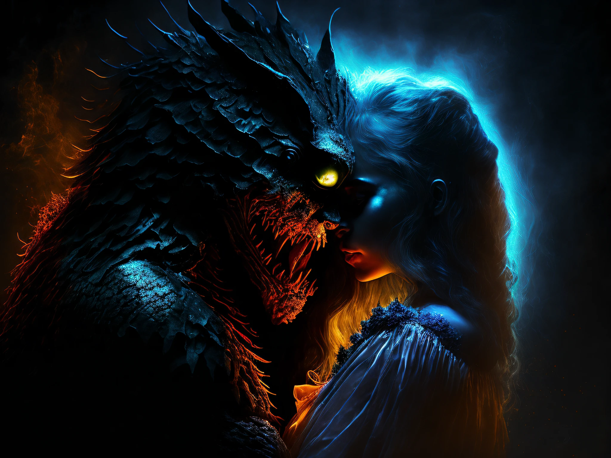 (monster embracing beauty:1.2),(dramatic lighting, perfect composition, high contrast),mystery, fantasy, fear and affection intertwined, dark background, emotional impact, high saturation, chiaroscuro