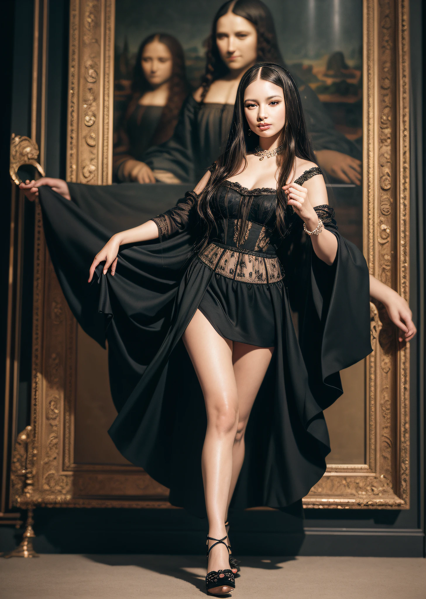 Mona Lisa Dancing, Gentle Expression, Full Body Portrait, Shoes, Catwalk, Masterpiece, Highest Quality, High Quality, Highly Detailed CG Unit 8k Wallpaper, Award Winning Photo, Bokeh, Depth of Field, HDR, Flood, Chromatic Aberration, Realistic, Very Detailed, Art Station Trend, CGsociety Trend, Complex, High Detail, Dramatic, Midway Art, Volumetric Lighting