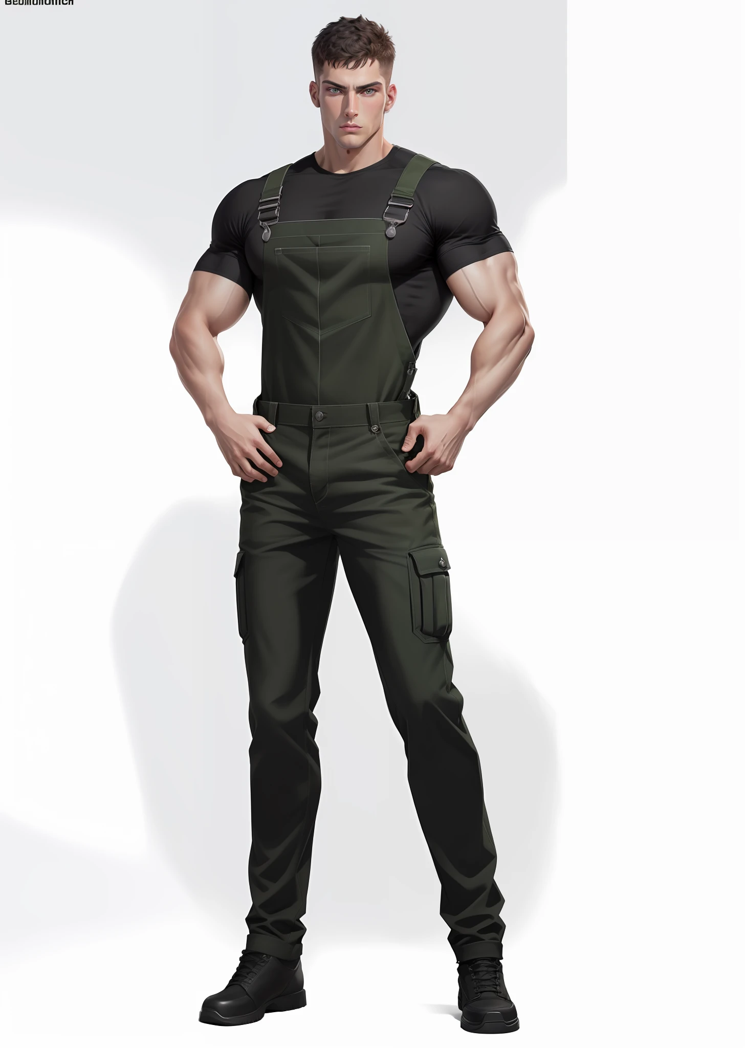 Masterpiece image quality, 8K resolution, best quality, dynamic shots, handsome young male policeman, (green eyes, short hair: 1.3, black overalls, muscles: 1.2, full body styling), CG style rendering, upper body tough and developed.