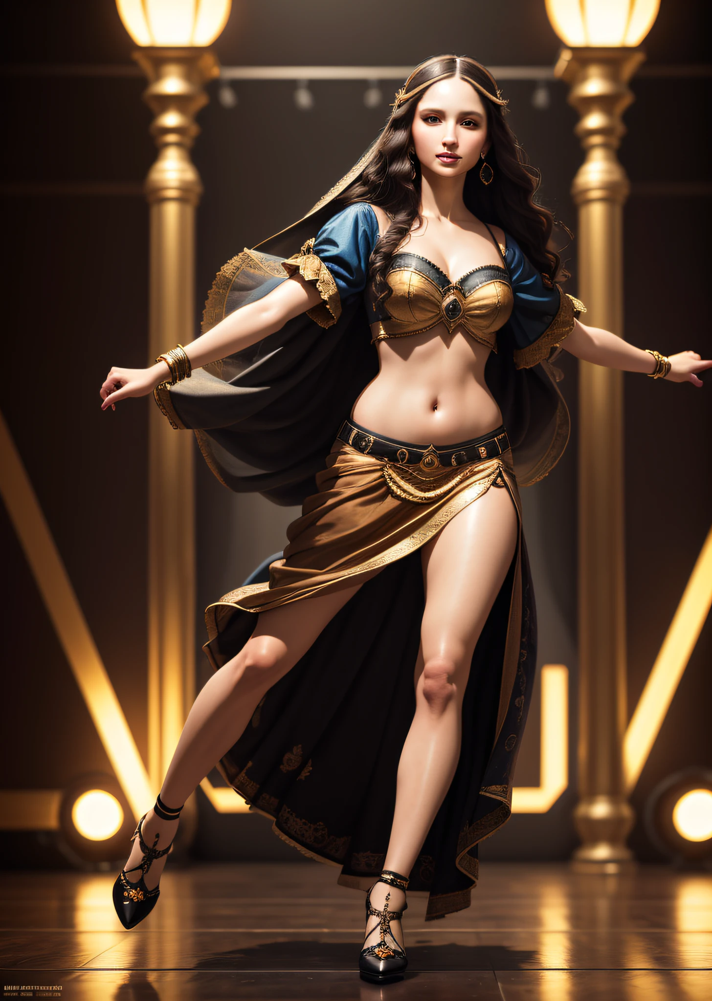 Mona Lisa Dancing, Gentle Expression, Full Body Portrait, Shoes, Catwalk, Masterpiece, Highest Quality, High Quality, Highly Detailed CG Unit 8k Wallpaper, Award Winning Photo, Bokeh, Depth of Field, HDR, Flood, Chromatic Aberration, Realistic, Very Detailed, Art Station Trend, CGsociety Trend, Complex, High Detail, Dramatic, Midway Art, Volumetric Lighting