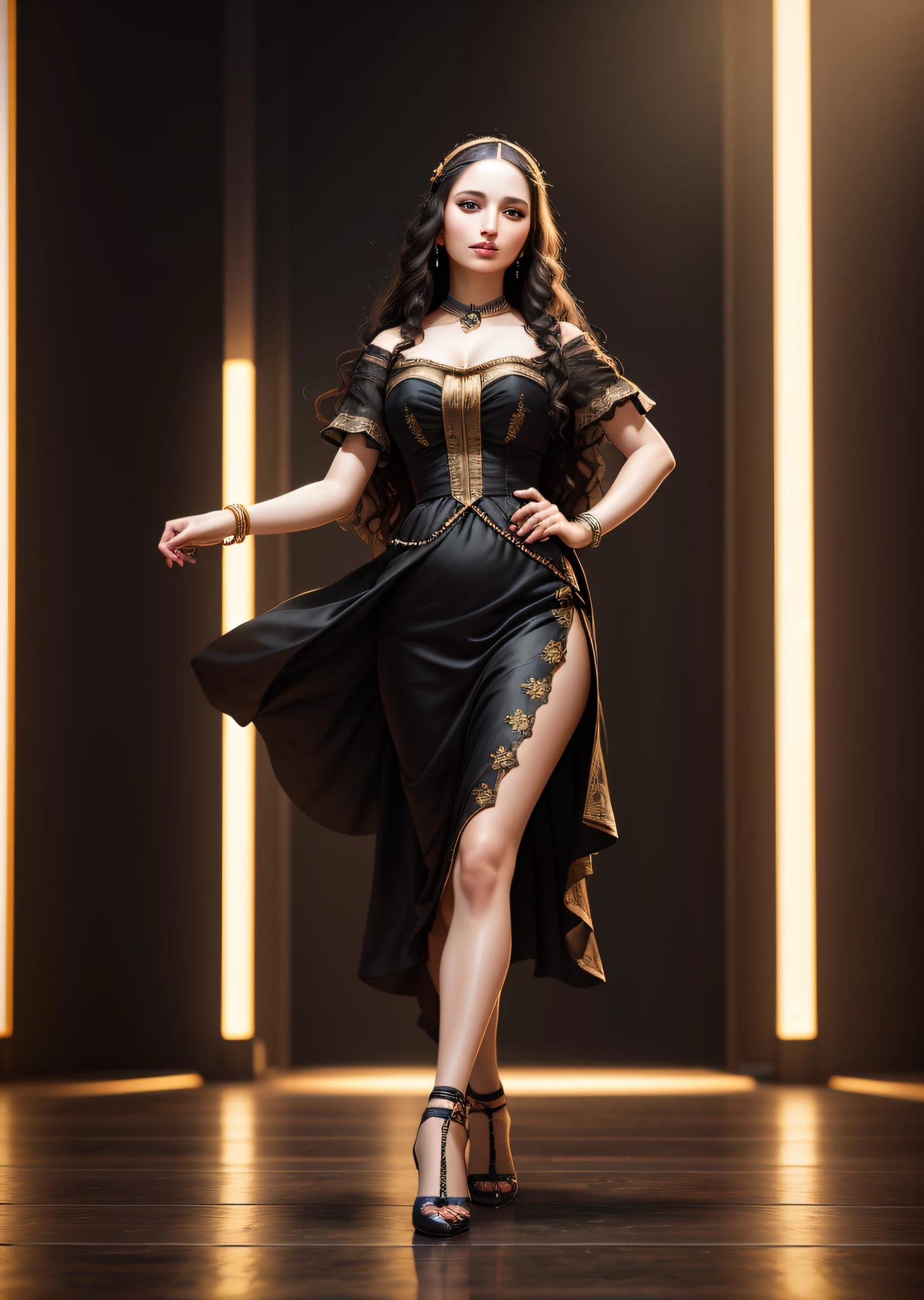 Mona Lisa Dancing, Gentle Expression, Full Body Portrait, Shoes, Catwalk, Masterpiece, Highest Quality, High Quality, Highly Detailed CG Unit 8k Wallpaper, Award Winning Photo, Bokeh, Depth of Field, HDR, Flood, Chromatic Aberration, Realistic, Very Detailed, Art Station Trend, CGsociety Trend, Complex, High Detail, Dramatic, Midway Art, Volumetric Lighting