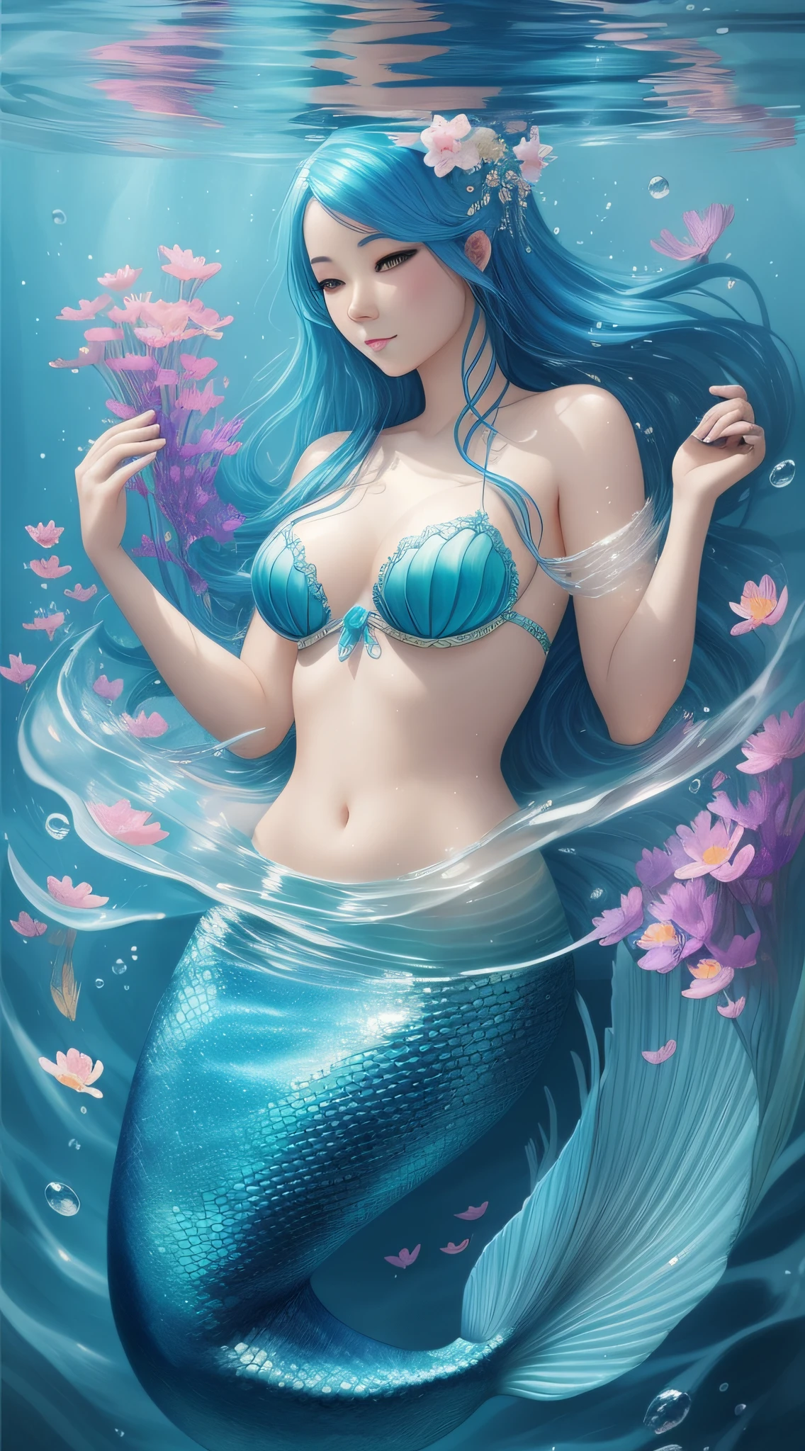 mermaid with blue hair and flowers floating in the water, beautiful mermaid, beautiful digital illustration, a beautiful artwork illustration, beautiful digital artwork, beautiful gorgeous digital art, beautiful digital art, asian female water elemental, gorgeous digital art, very beautiful digital art, closeup fantasy with water magic, beautiful fantasy art, beautiful digital painting, exquisite digital illustration, gorgeous digital painting