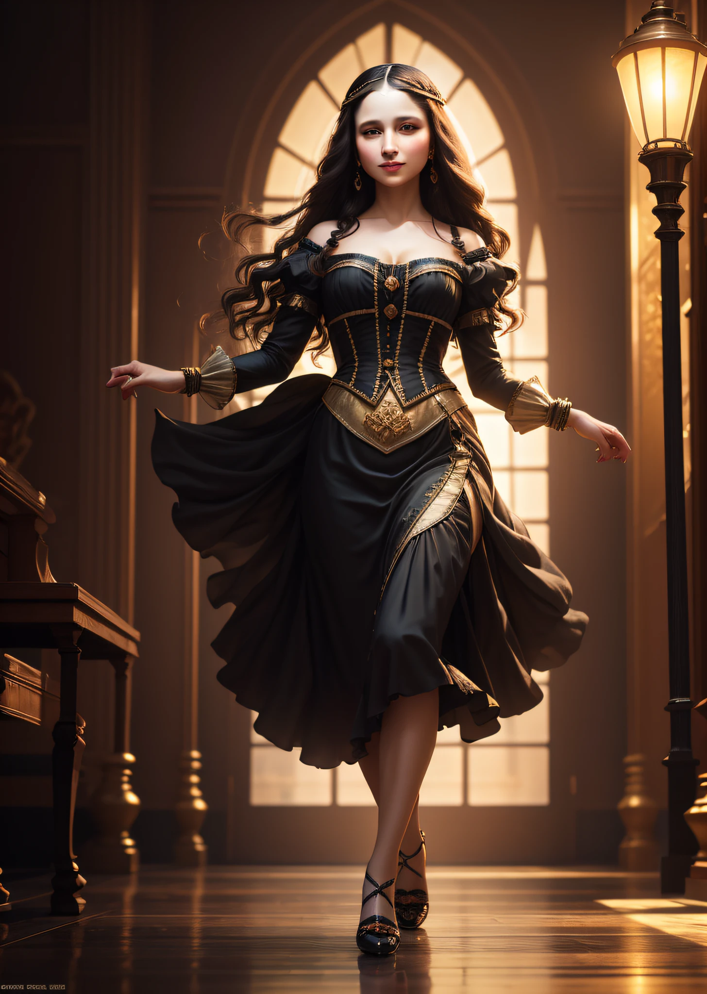 Mona Lisa Dancing, Gentle Expression, Full Body Portrait, Shoes, Catwalk, Masterpiece, Highest Quality, High Quality, Highly Detailed CG Unit 8k Wallpaper, Award Winning Photo, Bokeh, Depth of Field, HDR, Flood, Chromatic Aberration, Realistic, Very Detailed, Art Station Trend, CGsociety Trend, Complex, High Detail, Dramatic, Midway Art, Volumetric Lighting