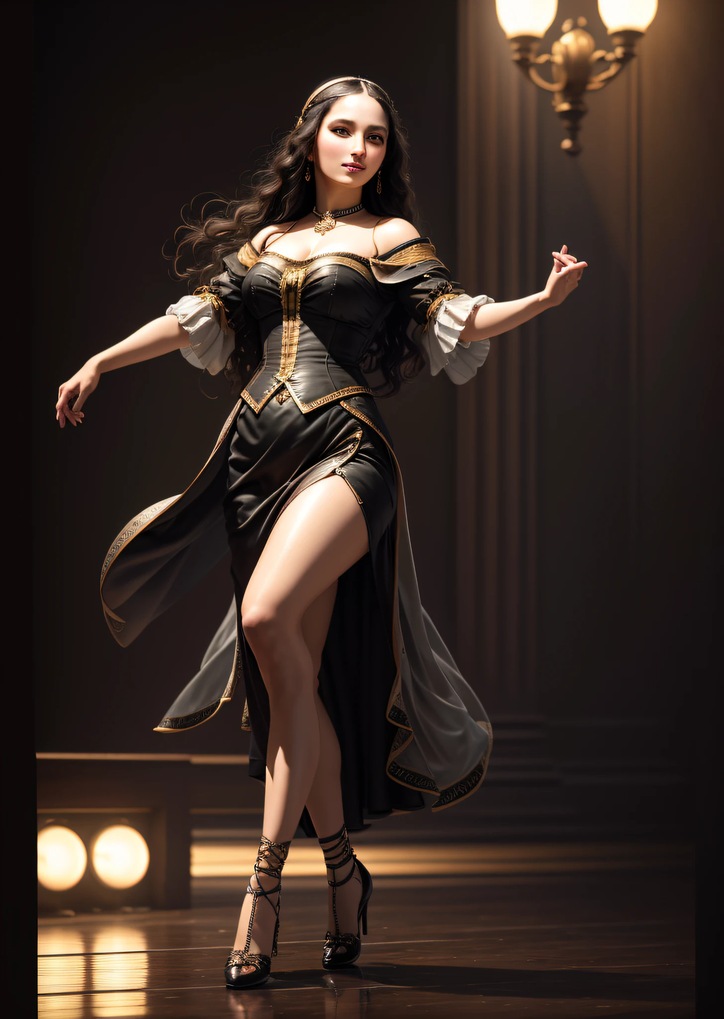 Mona Lisa Dancing, Gentle Expression, Full Body Portrait, Shoes, Catwalk, Masterpiece, Highest Quality, High Quality, Highly Detailed CG Unit 8k Wallpaper, Award Winning Photo, Bokeh, Depth of Field, HDR, Flood, Chromatic Aberration, Realistic, Very Detailed, Art Station Trend, CGsociety Trend, Complex, High Detail, Dramatic, Midway Art, Volumetric Lighting