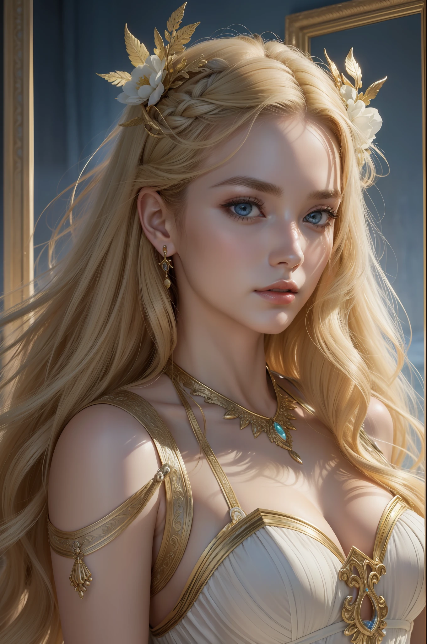Absurd, ultra-detailed, high quality, masterpiece, detailed face, beautiful eyes(detailed eyes), Greek mythology , Artemis, goddess of hunt, captivating and ethereal beauty, a lithe and athletic figure, delicate yet striking, wildness and independence shining, blonde hair color , hair was depicted as flowing and untamed, cascading around her shoulders in waves, radiant or shining, complexion was fair and glowing, reminiscent of the moonlight , wearing a short hunting tunic,