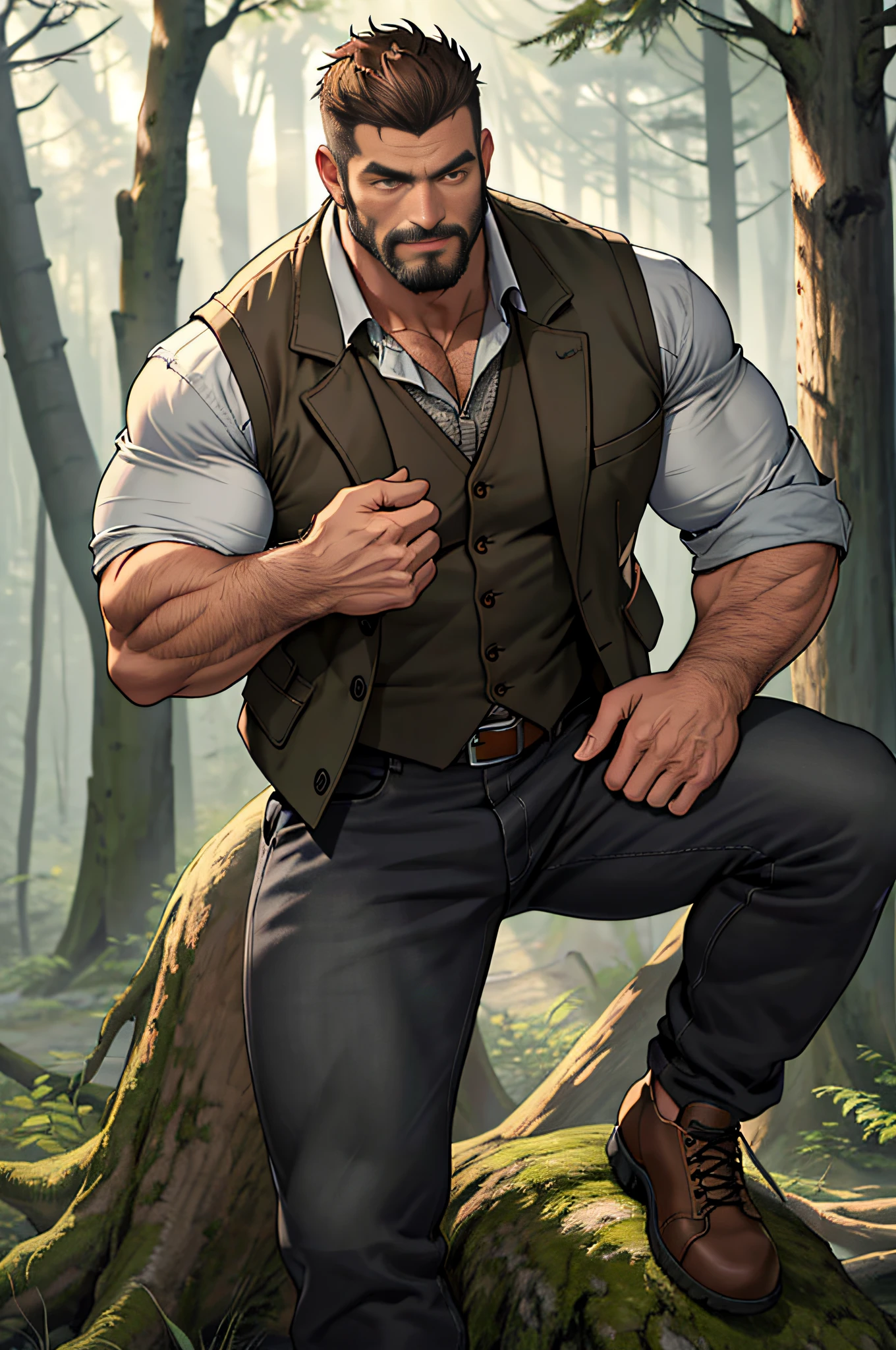 Mature man, best quality, brown jeans, wearing tall riding shoes, one foot on a stump camouflage coat, dark gray vest (holes), bad, masterpiece, super high resolution, detailed background, reality, illustration, single, 1 boy, muscle man, beard, country, woods, muscles, facial hair, volumetric lighting, depth of field, wheezing, raised crotch, handsome movements, big dynamics