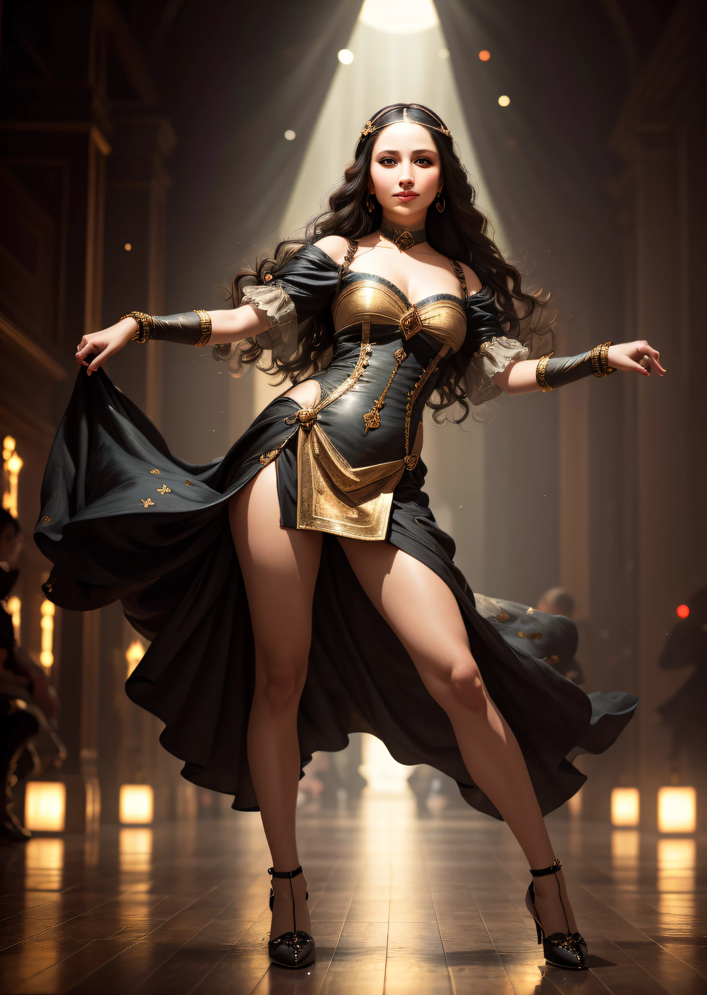 Mona Lisa Dancing, Gentle Expression, Full Body Portrait, Shoes, Catwalk, Masterpiece, Highest Quality, High Quality, Highly Detailed CG Unit 8k Wallpaper, Award Winning Photo, Bokeh, Depth of Field, HDR, Flood, Chromatic Aberration, Realistic, Very Detailed, Art Station Trend, CGsociety Trend, Complex, High Detail, Dramatic, Midway Art, Volumetric Lighting
