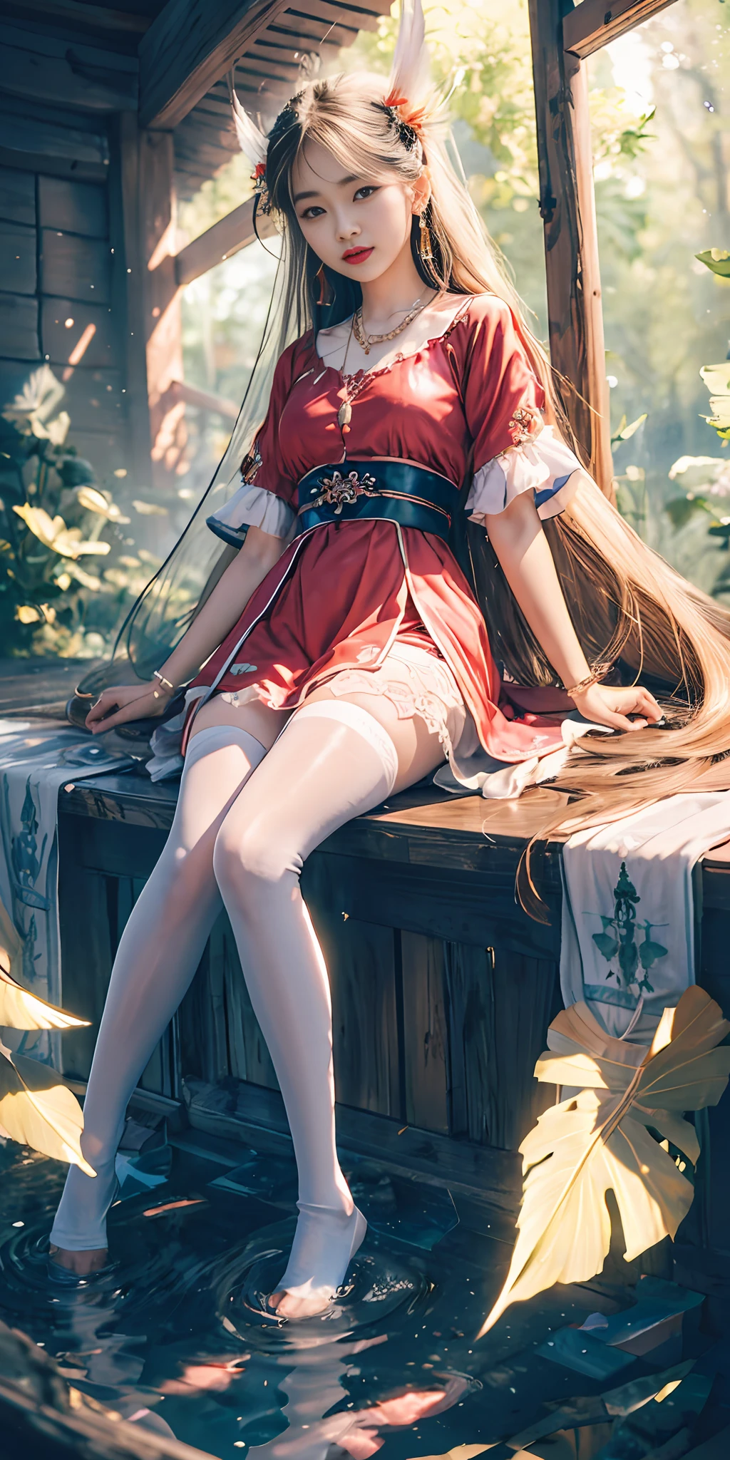 (best quality, masterpiece, high resolution, glow, flood, lens glare, wide angle), sunlight, full body, 1 [Chinese|Russian|Japanese|Korean] girl, solo,((mei red:1.1) clothes), necklace, jewelry, long hair, earrings, super delicate face, beautiful face, perfect hands,full face blush, (perfect eyes) and ( long eyelashes: 1.4), glowing pupils, looking at viewer,(white stockings: 0.9), realism, (high detail skin: 1.2), 8k ultra hd, DSLR, high quality, volumetric lighting, frank, high resolution, 4K, 8K, background bokeh, dream forest, radiant garlic, feather drop effect, morning, foreground, f/16