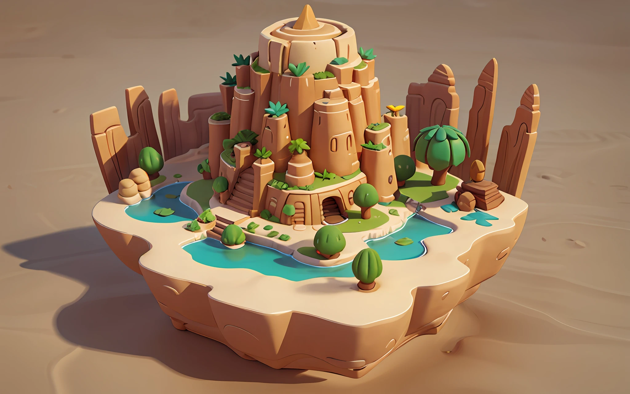 Mini floating island, desert scene, desert plants, solid color background, cartoon style, mini game scene design, masterpiece, best quality, 3D