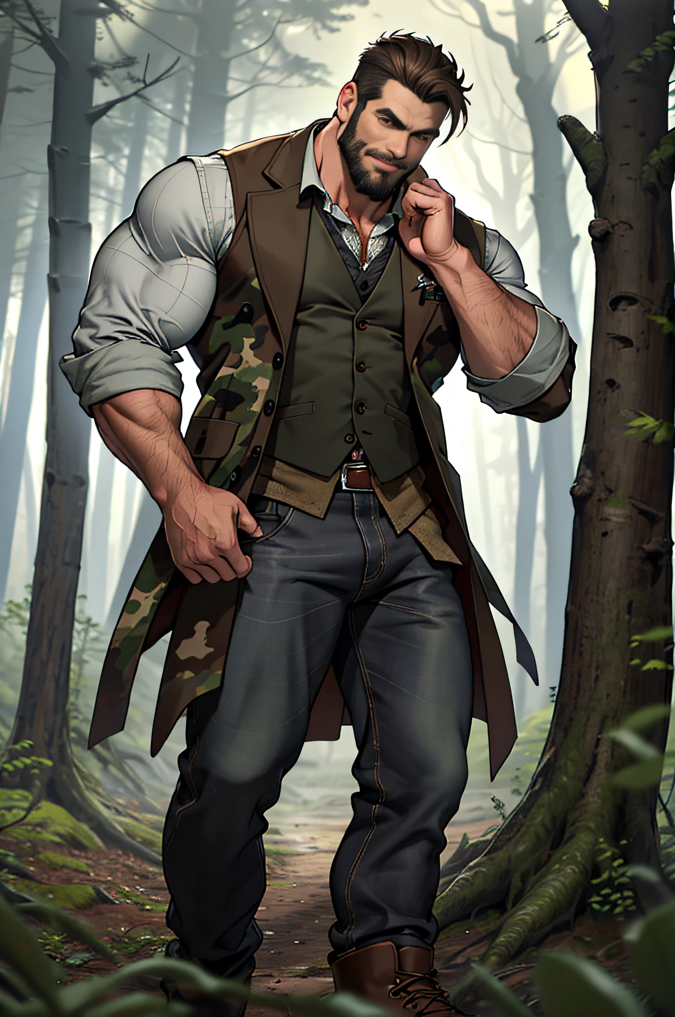 Mature man, best quality, brown jeans, wearing tall riding shoes, one foot on a stump camouflage coat, dark gray vest (holes), bad, masterpiece, super high resolution, detailed background, reality, illustration, single, 1 boy, muscle man, beard, country, woods, muscles, facial hair, volumetric lighting, depth of field, wheezing, raised crotch, handsome movements, big dynamics