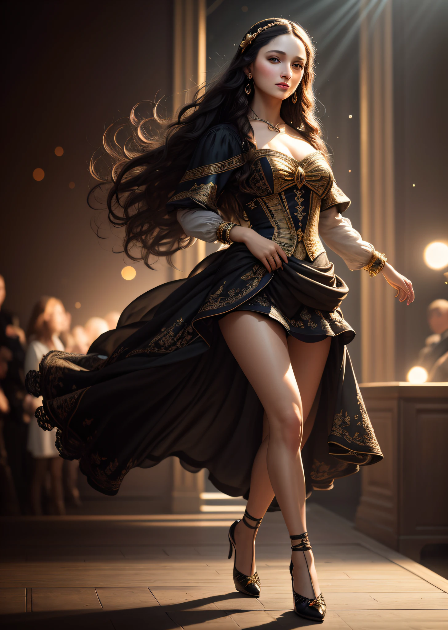 Mona Lisa Dancing, Gentle Expression, Full Body Portrait, Shoes, Catwalk, Masterpiece, Highest Quality, High Quality, Highly Detailed CG Unit 8k Wallpaper, Award Winning Photo, Bokeh, Depth of Field, HDR, Flood, Chromatic Aberration, Realistic, Very Detailed, Art Station Trend, CGsociety Trend, Complex, High Detail, Dramatic, Midway Art, Volumetric Lighting