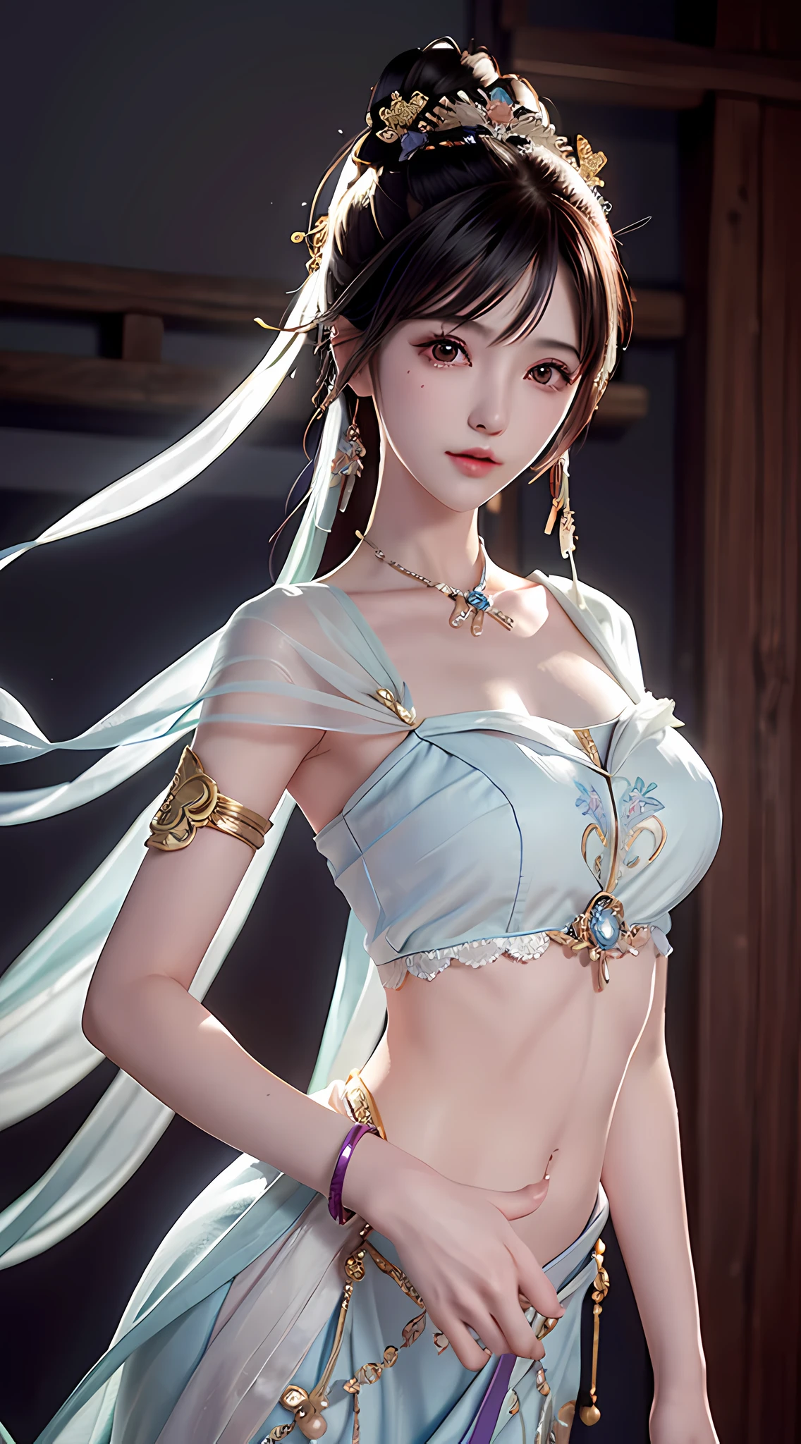 Bust photo, a beautiful woman, messy hair, girly, symmetrical bun, hair accessories, jewelry, delicate face, eye shadow, purple top, crop button, purple long skirt, Dunhuang style, delicate embroidery, silver decoration, silver streamer, white streamer, light blue streamer, delicate skin, soft light effect, delicate and smooth hair, delicate details, eye highlights, fair skin, fine portrayal, extreme details, cinematic quality, thin, slender, broken, hair details, thin bangs, shawl hair, correct body, shadows, air bangs, 8K, super fine, fine cloth texture, soft, supple, smooth texture, Dunhuang style, delicate pattern, correct hand painting, anatomically correct, accurate, night, dark night, lighting, Tyndall effect, ray tracing, HUD,
