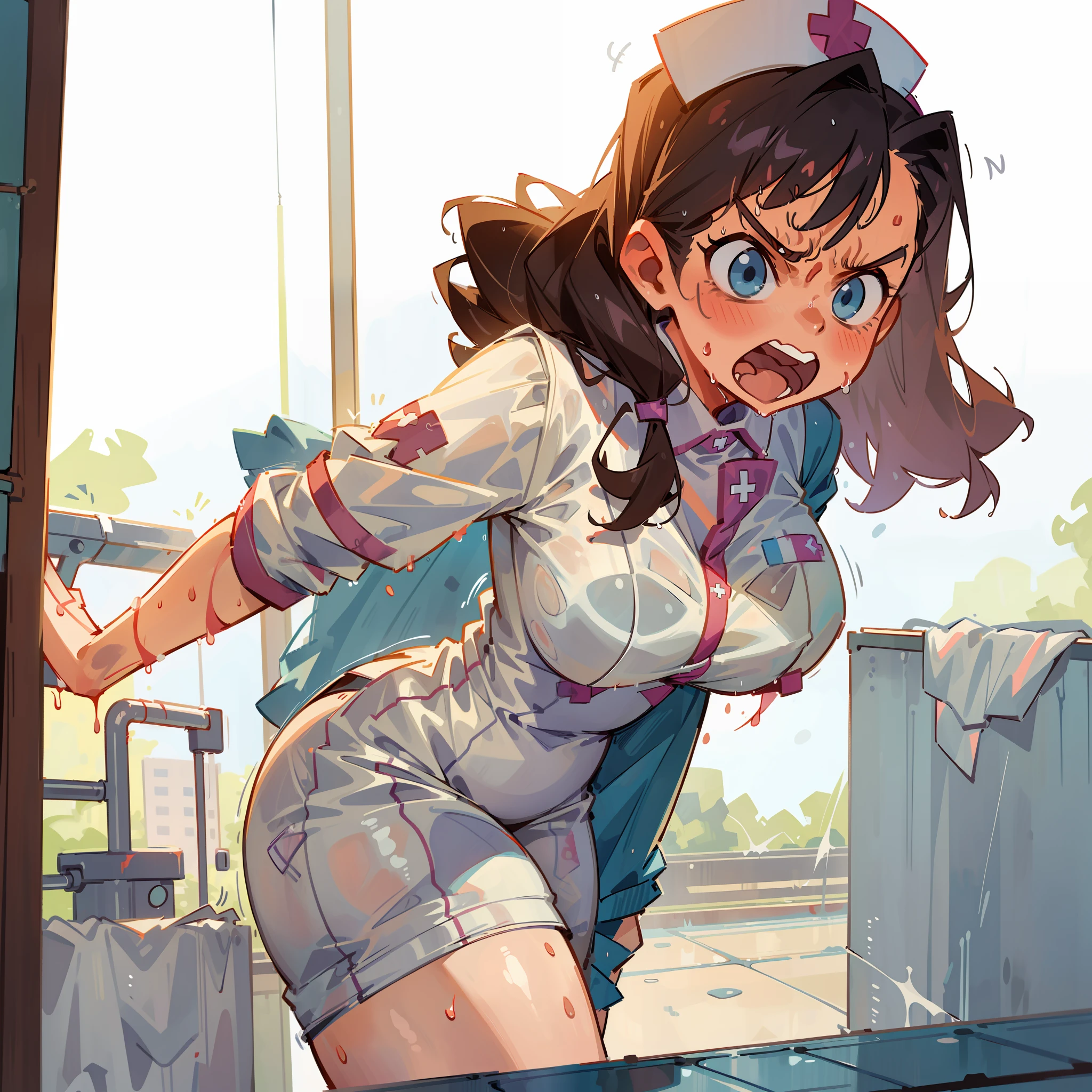 sexy, 1girl, solo, pov, (curvy:1.2),large breasts, looking at view, cowboy shot, ((sexy nurse outfit)), hospital bathroom, (angry:1.3), (wet clothes:1.5), goth1.5
