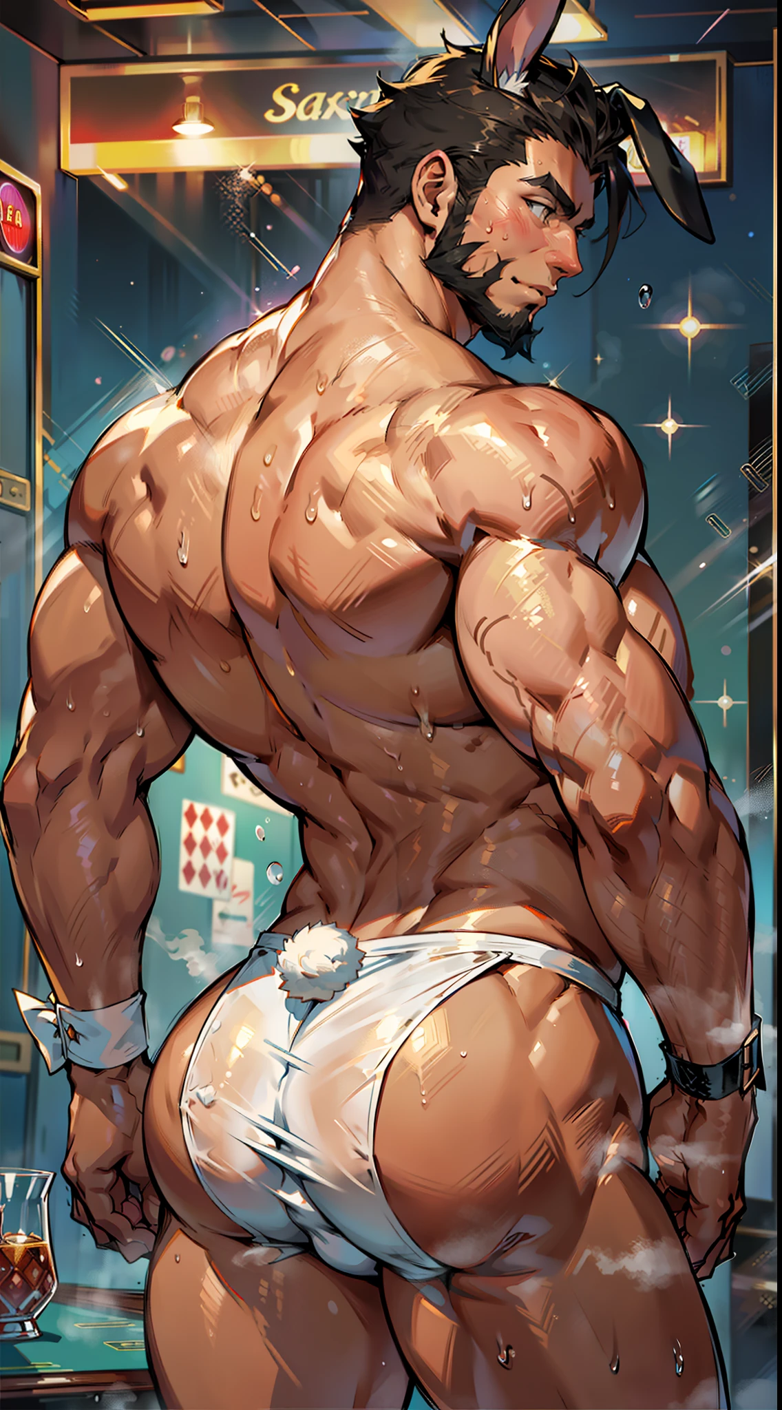 Full body depiction, men only, sexy, sensual, space full of hot air and steam, dimly lit luxury club, haze does not show the background well, luxury casino, squats on table, slot machine, roulette, game table, gambling, strip, large playroom, party, playboy bunny, rabbit ears, white cuffs on wrist, black bow tie, bunny boy, mega muscle, Hyper muscle, masculine appearance, mature male, handsome, underwear only, shirtless, no pants, beautiful muscles, complex and elegant, highly detailed digital painting, anime style art, art station, concept art, top quality, masterpiece, ultra high definition, detailed background, realistic figure, muscular man, beard, muscle, facial hair, volumetric lighting, depth of field, bend down, squats, show aside, smooth and sharp focus, illustration, art, string latex bikini, men's string latex bikini, men's string bikini, ass digging string, facial hair, trimmed hair, muscle, navel, muscle, male, gay, hyper muscle, male focus, muscle male, yaoi, muscle, buttocks, pectoral muscles, large pectoral muscles, thick quadriceps, thighs, Wet body, heat and steam emanating from the body, sweating, soaked, crotch, face down on white beach bed under striped parasol, big back, turning around, showing back, showing ass, upper class, bunny boy waiter, tropical drink, shiny oiled skin, glittering oiled skin, tanned skin, bubble ass, dog style, bunny boy waiter and guest guys
