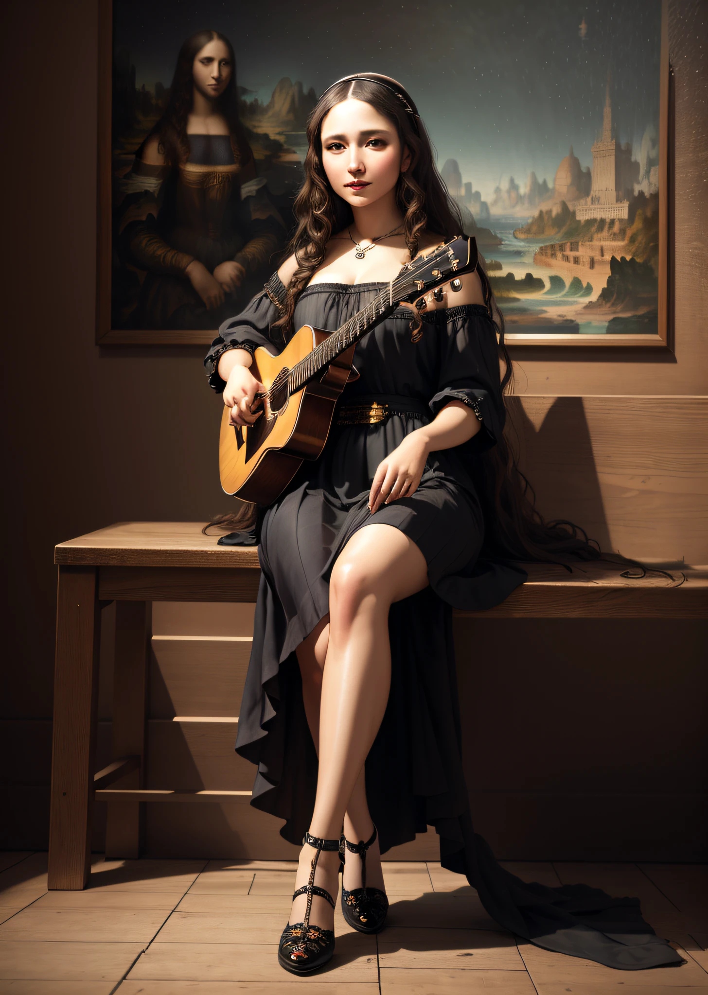 Mona Lisa Playing Guitar, Gentle Expression, Full Body Portrait, Shoes, Catwalk, Masterpiece, Highest Quality, High Quality, Highly Detailed CG Unit 8k Wallpaper, Award Winning Photo, Bokeh, Depth of Field, HDR, Flood, Chromatic Aberration, Realistic, Very Detailed, Art Station Trend, CGsociety Trend, Complex, High Detail, Dramatic, Midway Art, Volumetric Lighting