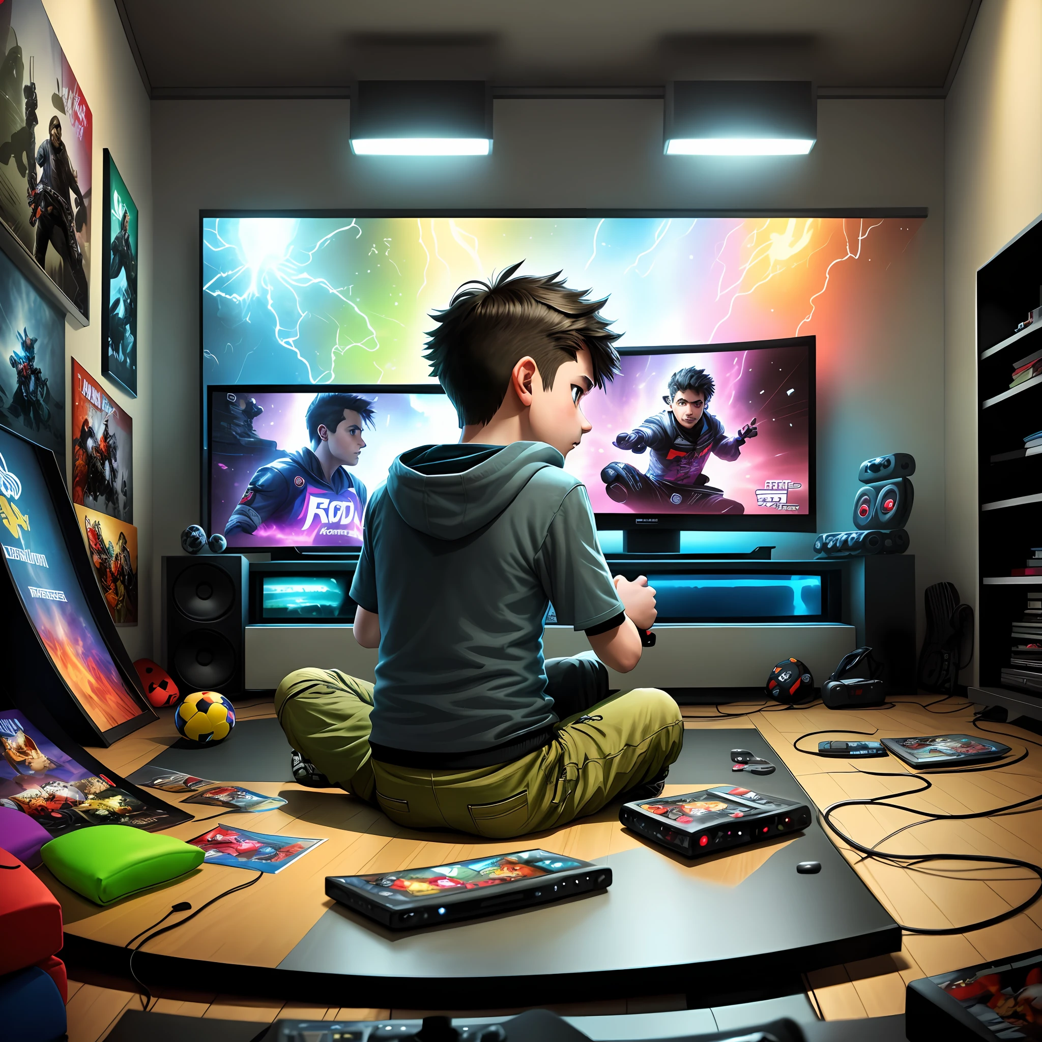 a young boy, sitting in front of the TV, video game controller in hand, playing video game, TV screen showing game, posters of games and rock bands on the walls, comic books scattered on the floor, third-person view from behind, comic book style