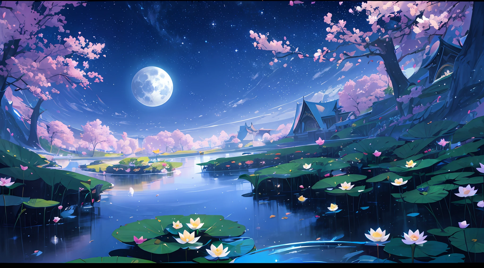 cinematic lighting, sparkle, reflection light, pov, UHD, retina, masterpiece, ccurate, super detail, high details, high quality, award winning, best quality, highres, 8k, landscape painting, unmanned, with many lotus lotus leaves, Cyan lake, white mist rising from the lake, white moon, blue night sky, ancient China