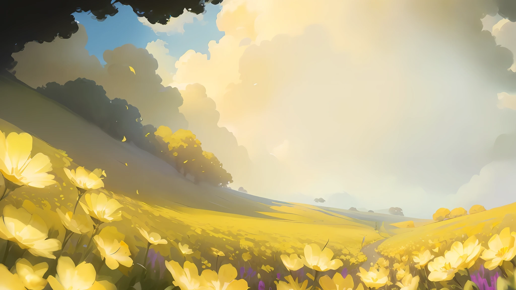 there is a painting of a field of yellow flowers with a sky background, background art, wlop and rhads, background artwork, concept art | rhads, inspired by RHADS, digital painting concept art, rhads!, dreamy landscape, rhads!!!, low detailed. digital painting, painterly concept art, floral environment, concept piece, soft golden light