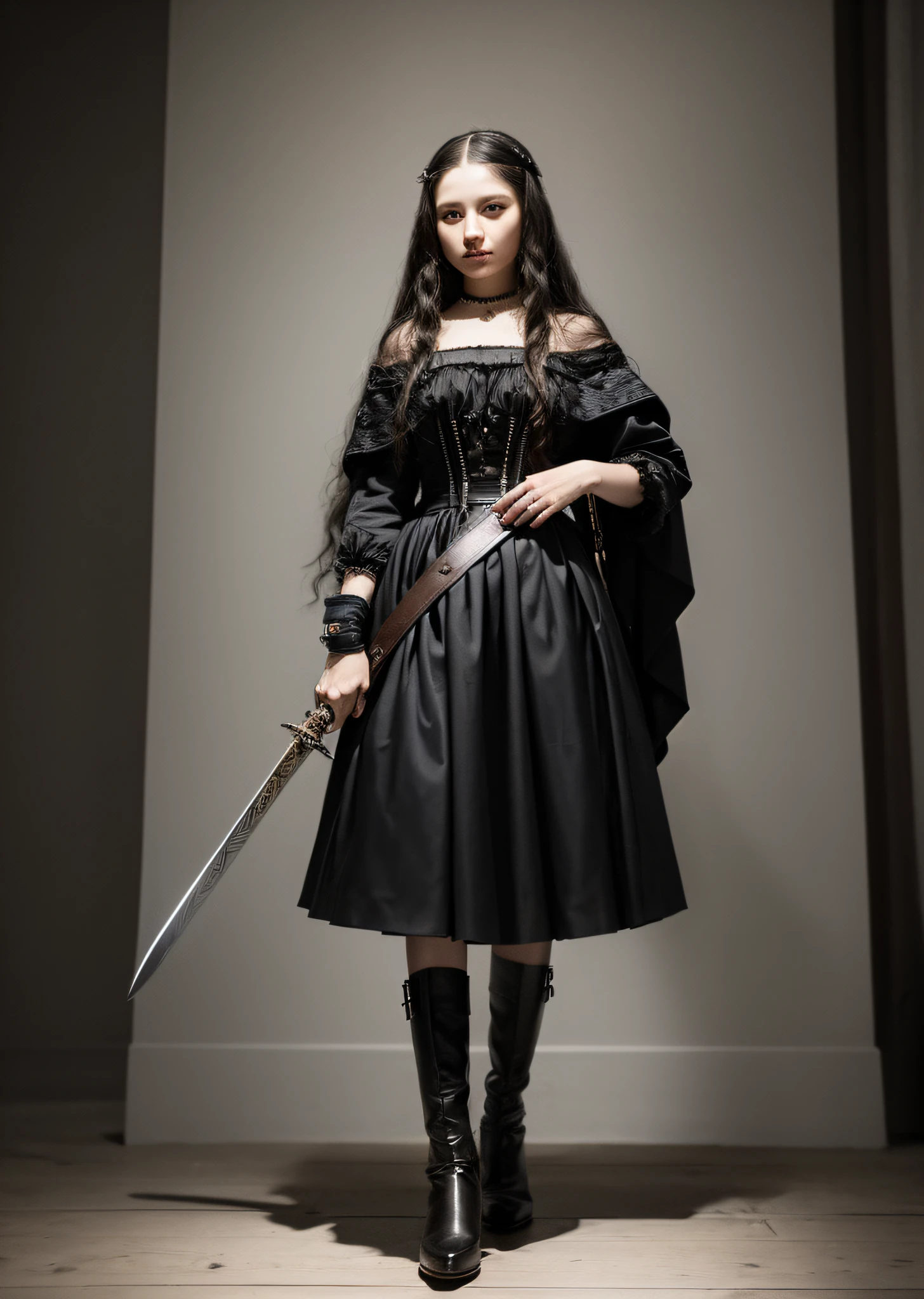 Mona Lisa holding sword, gentle expression, full body portrait, shoes, catwalk, masterpiece, highest quality, high quality, highly detailed CG unit 8k wallpaper, award winning photo, bokeh, depth of field, HDR, flood, chromatic aberration, realistic, very detailed, art station trend, CGsociety trend, complex, high detail, dramatic, midway art, volumetric lighting