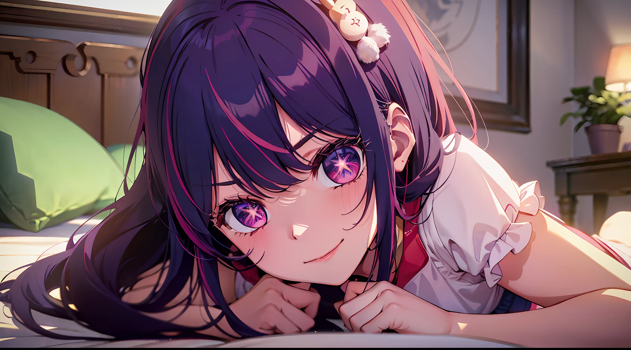 (A cute and lively ite girl lying on the bed, can see the chest: 1.5), smile, leaking teeth, purple hair, rabbit hair ornament, hair purple red highlight, (white underwear: 1.5), NSWF, (Tender skin) (white stockings: 1.2), full body, (light clothes: 1.1), (stars in the eyes), (big), (blush: 1.3), interior, girl's room, cute interior decoration, (bed: 1.5), white sheets, (pleats), fantasy, (masterpiece, flat color, color: 1.0), (best quality: 1.2), (high precision: 1.1), 8k resolution, (rich detail: 1.1), delicate, perfect light and shadow, clear background, noise reduction, complex details, volumetric lighting, cinematic lighting, super detailed, very detailed, complex, small details, (anatomically correct: 1.5)