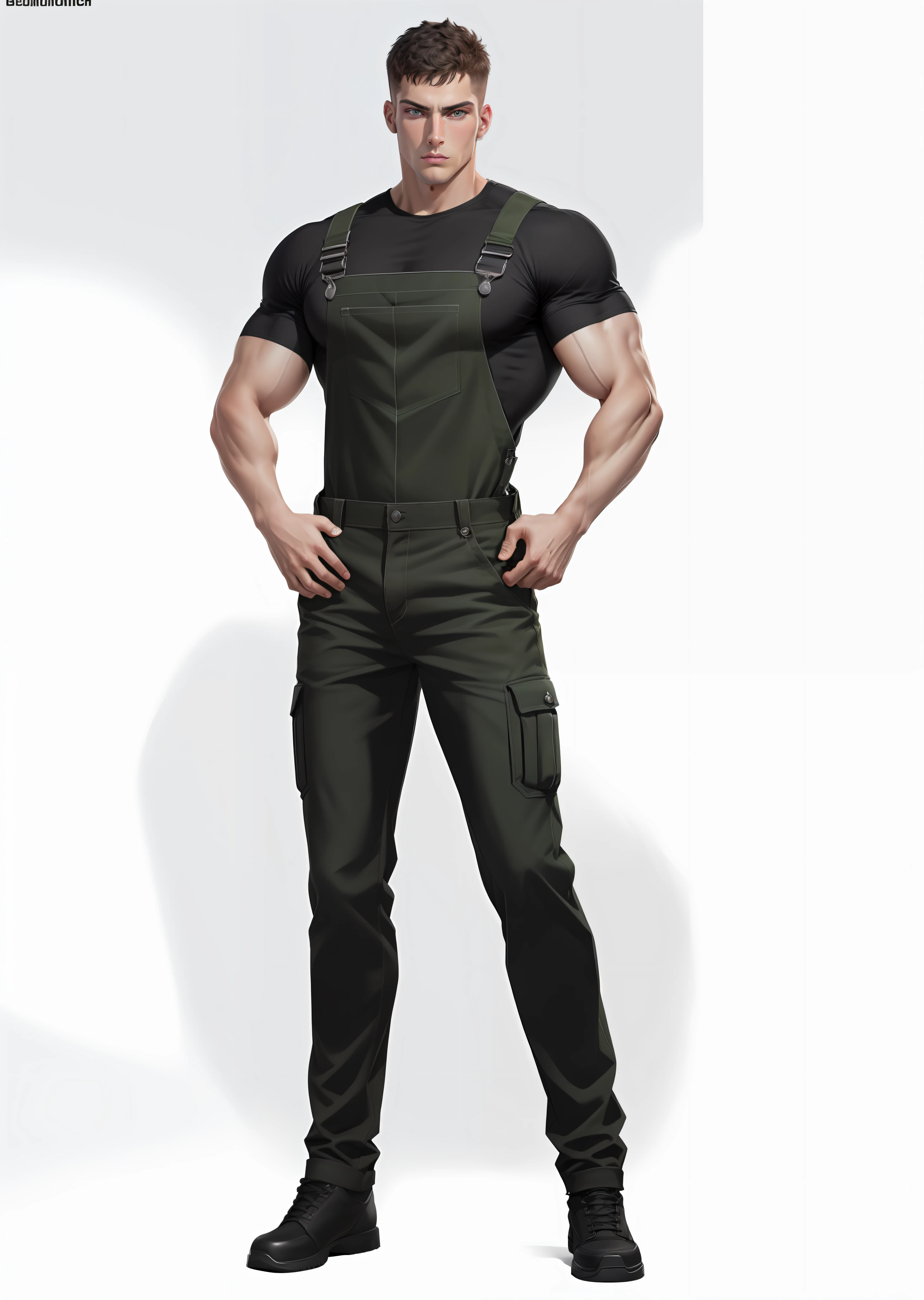 Masterpiece image quality, 8K resolution, best quality, dynamic shots, handsome young male policeman, (green eyes, short hair: 1.3, black overalls, muscles: 1.2, full body styling), CG style rendering, upper body tough and developed.