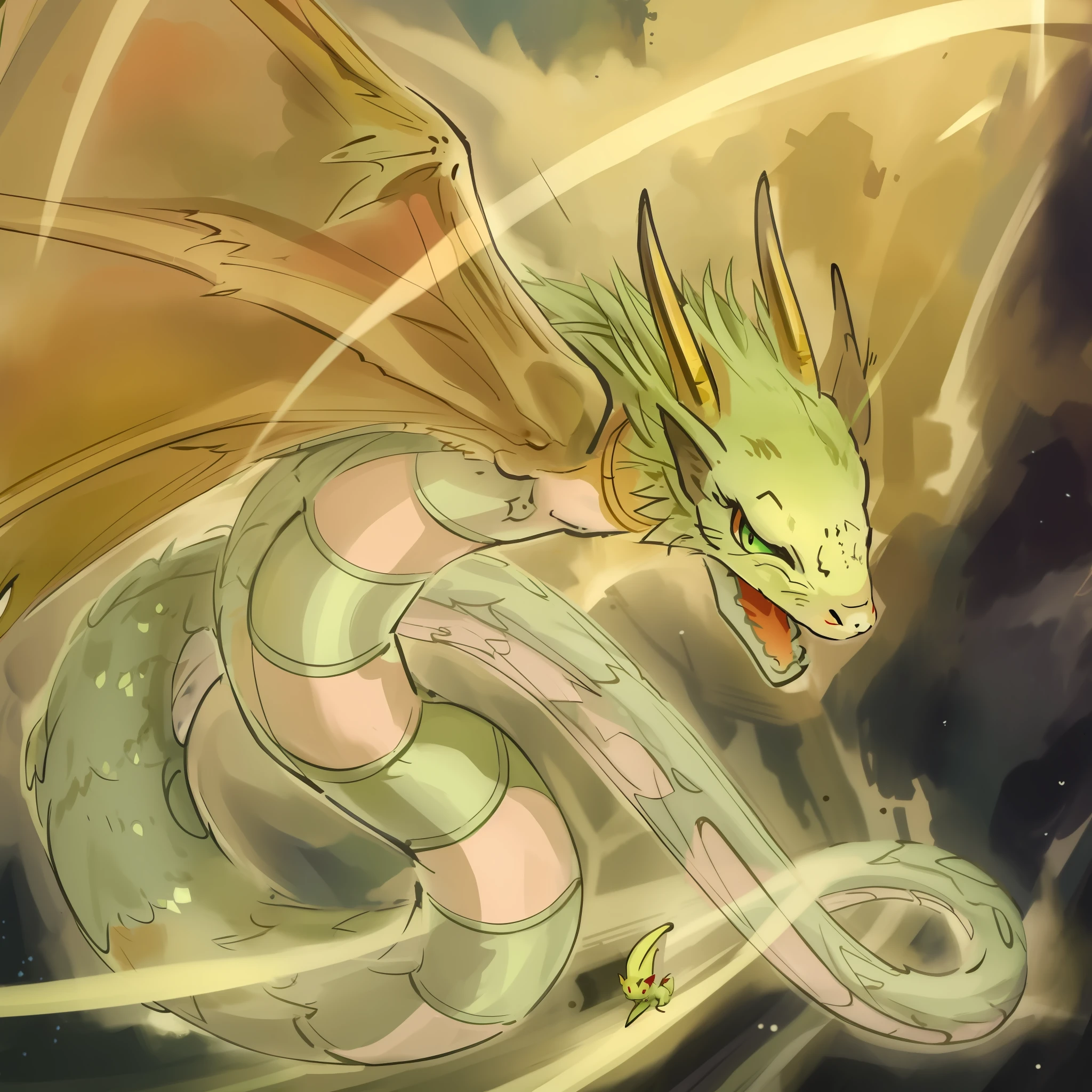 A flying dragon snake, it has a snake-like body, the head of a flying squirrel with dragon horns on its head, the wings of a bat, and the body has pale green fluff. Monsters, game illustrations